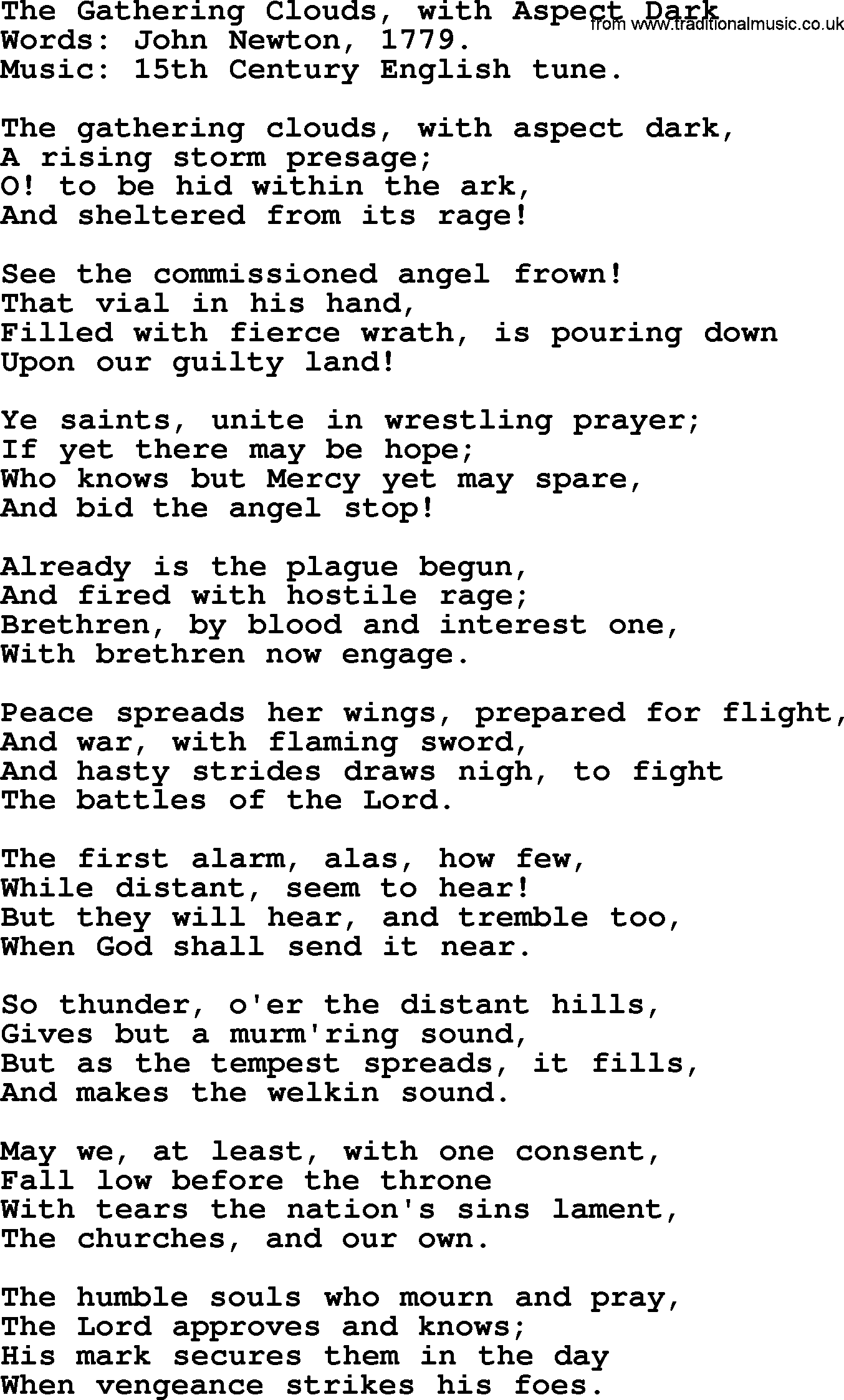 John Newton hymn: The Gathering Clouds, With Aspect Dark, lyrics