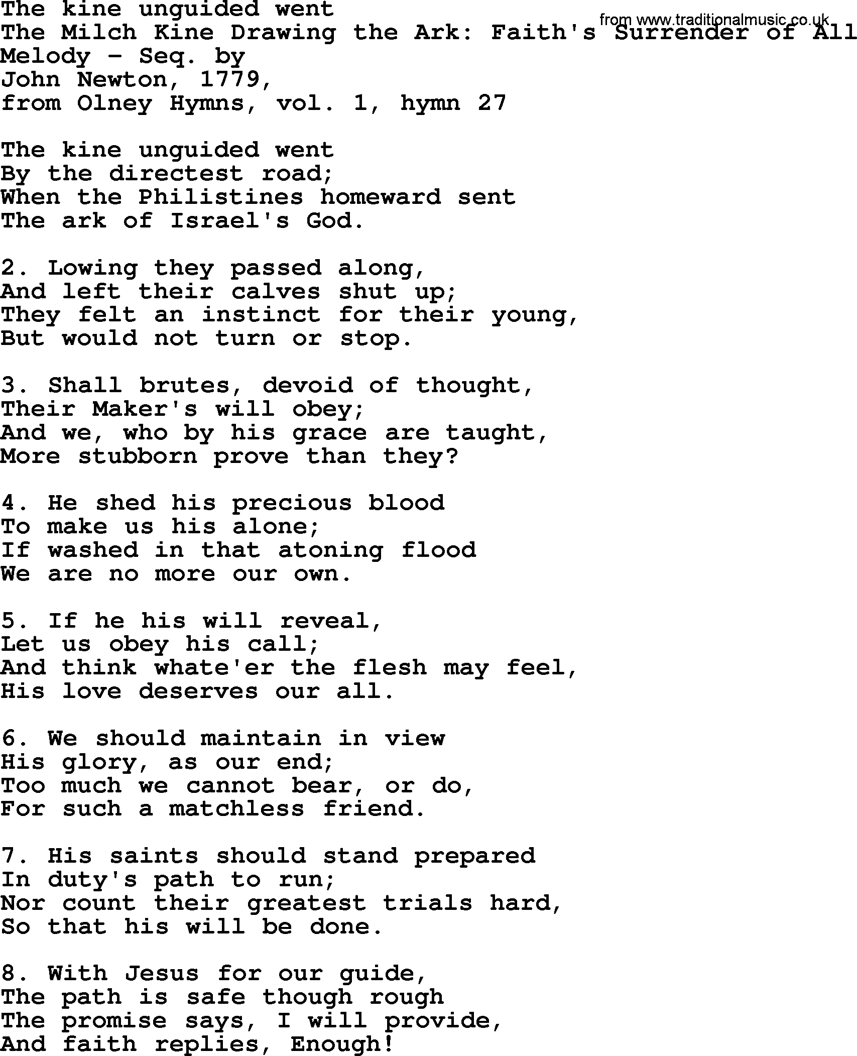 John Newton hymn: The Kine Unguided Went, lyrics