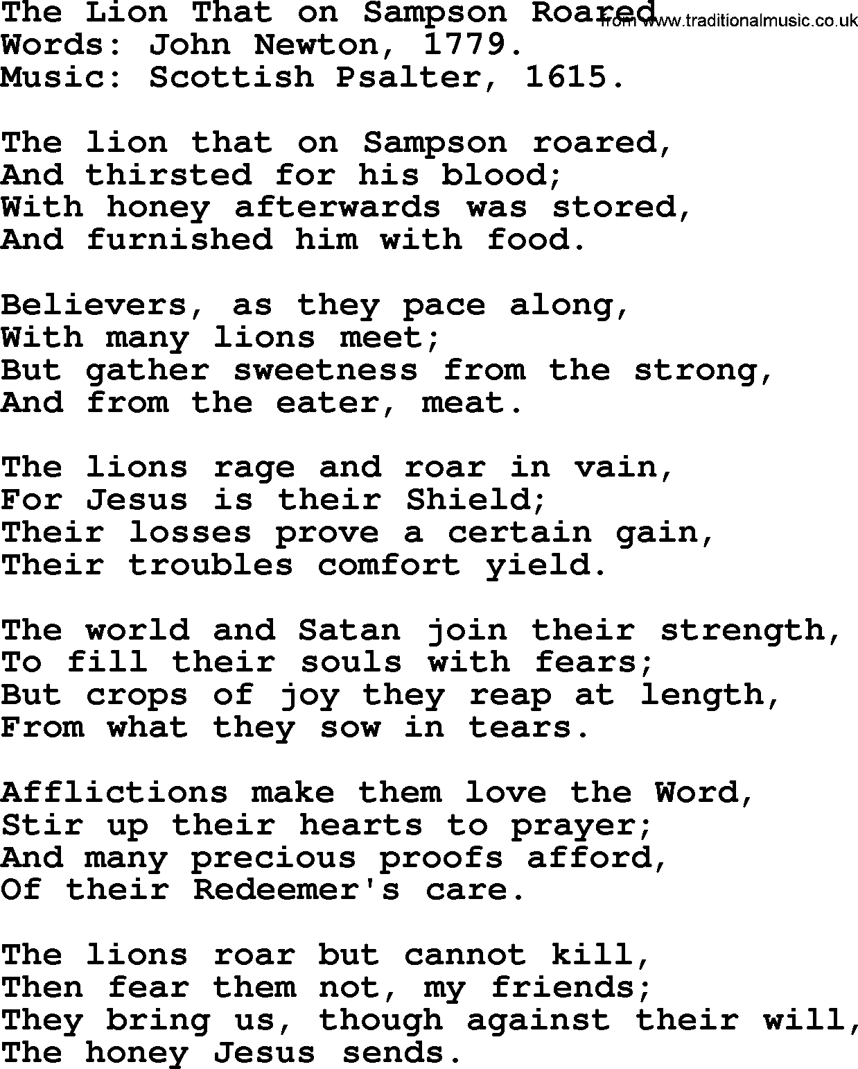 John Newton hymn: The Lion That On Sampson Roared, lyrics