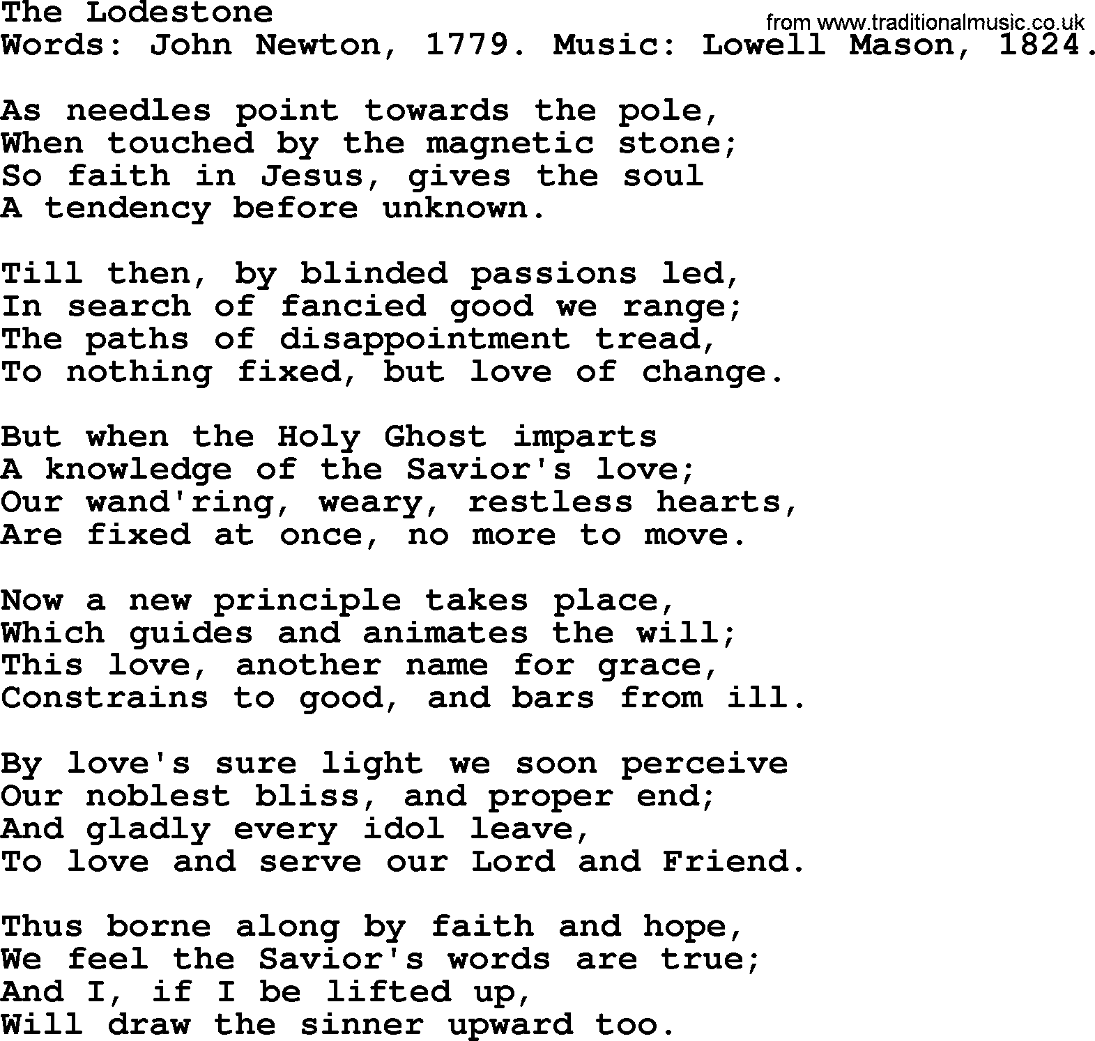 John Newton hymn: The Lodestone, lyrics
