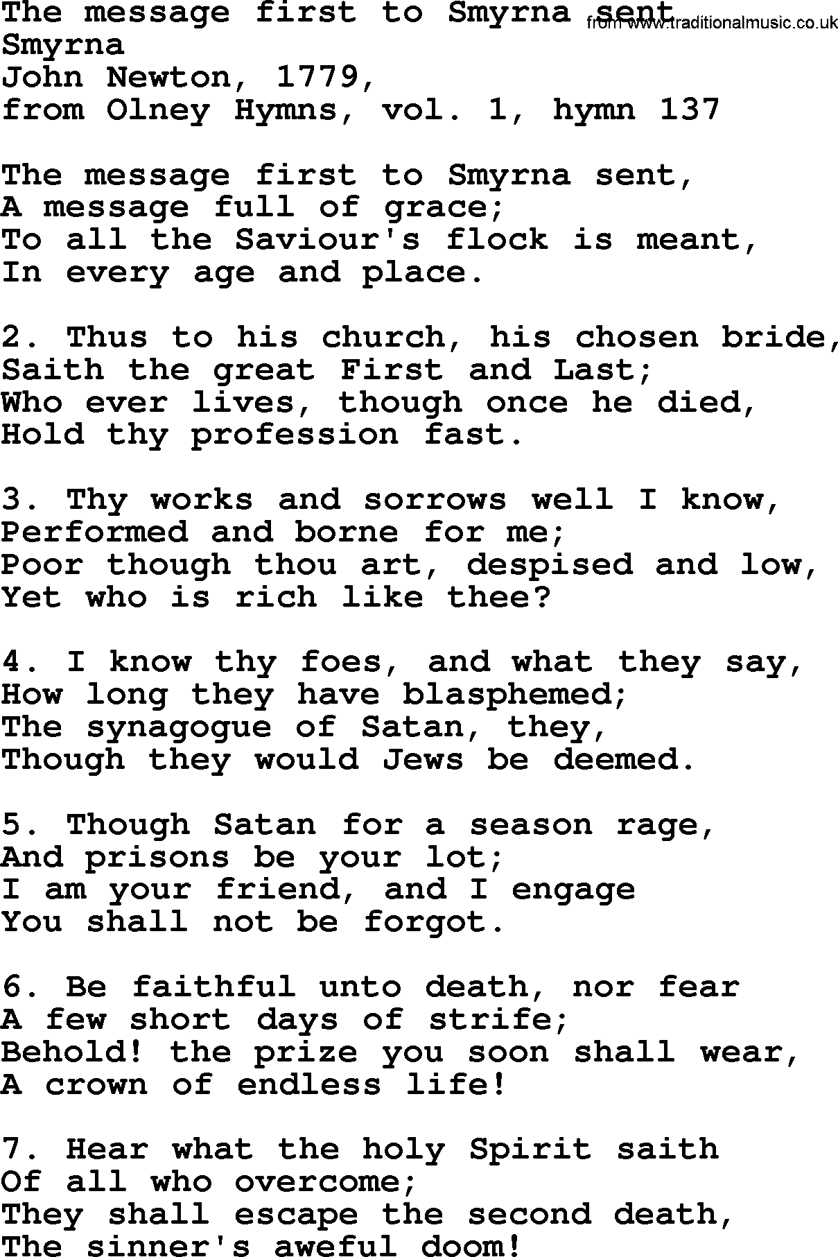 John Newton hymn: The Message First To Smyrna Sent, lyrics