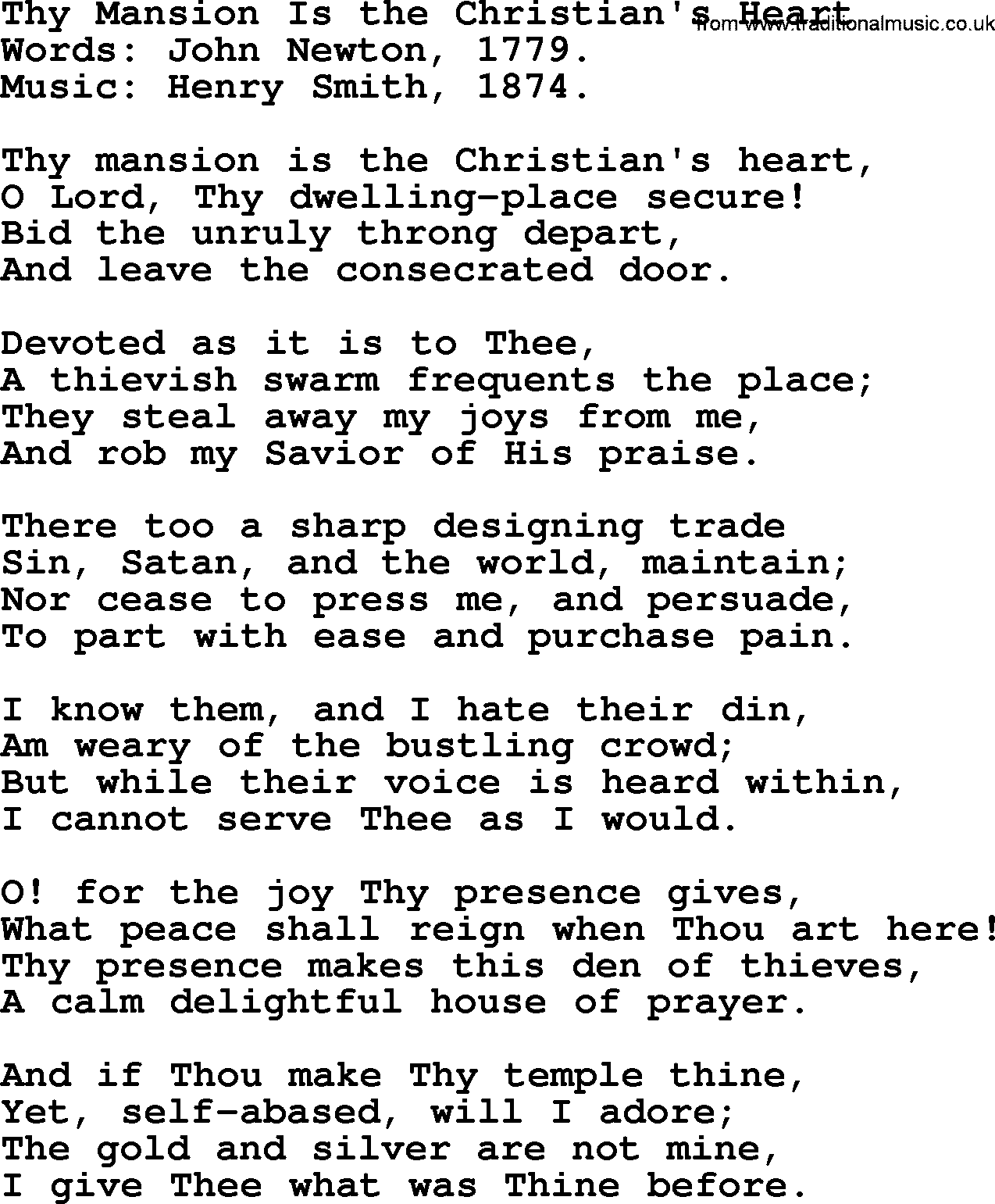 John Newton hymn: Thy Mansion Is The Christian's Heart, lyrics
