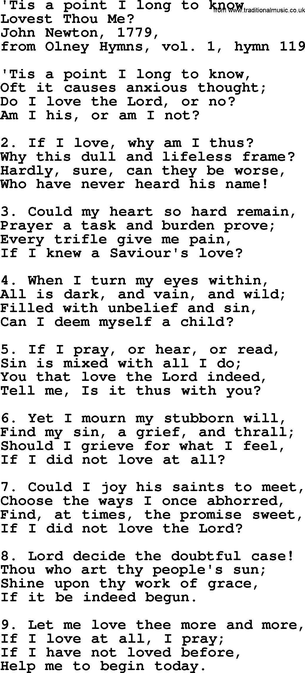 John Newton hymn: Tis A Point I Long To Know, lyrics