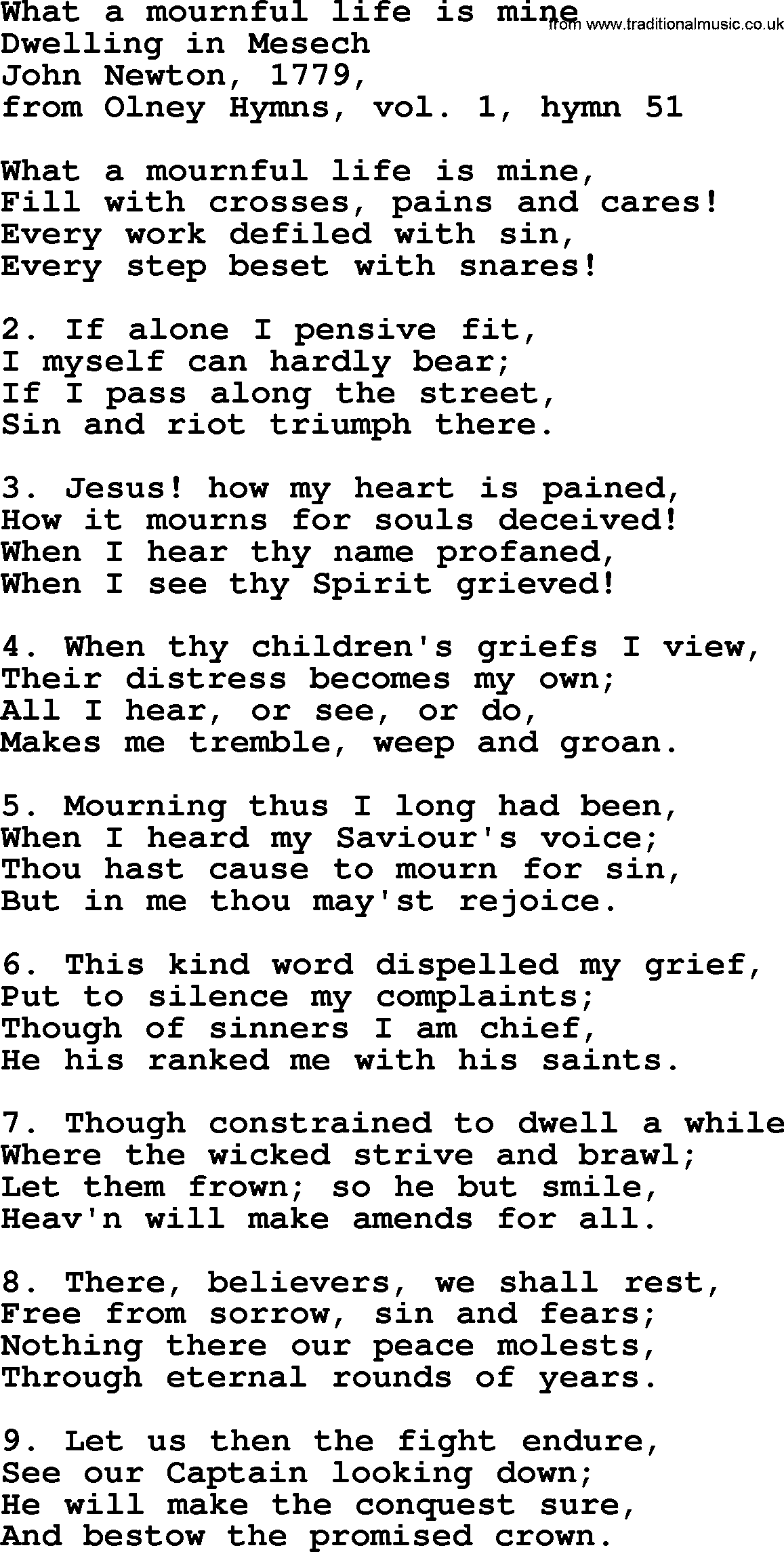 John Newton hymn: What A Mournful Life Is Mine, lyrics