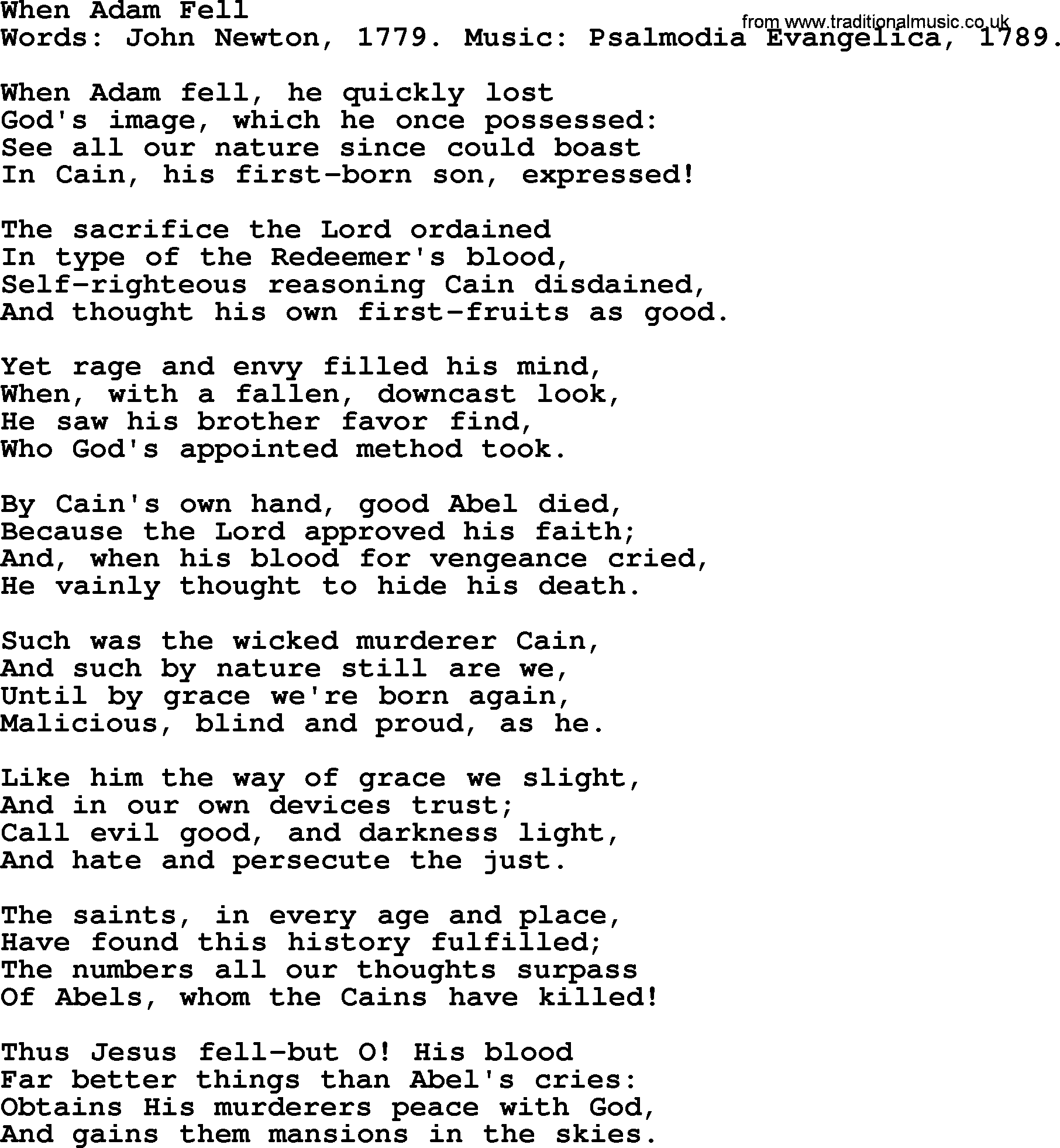 John Newton hymn: When Adam Fell, lyrics