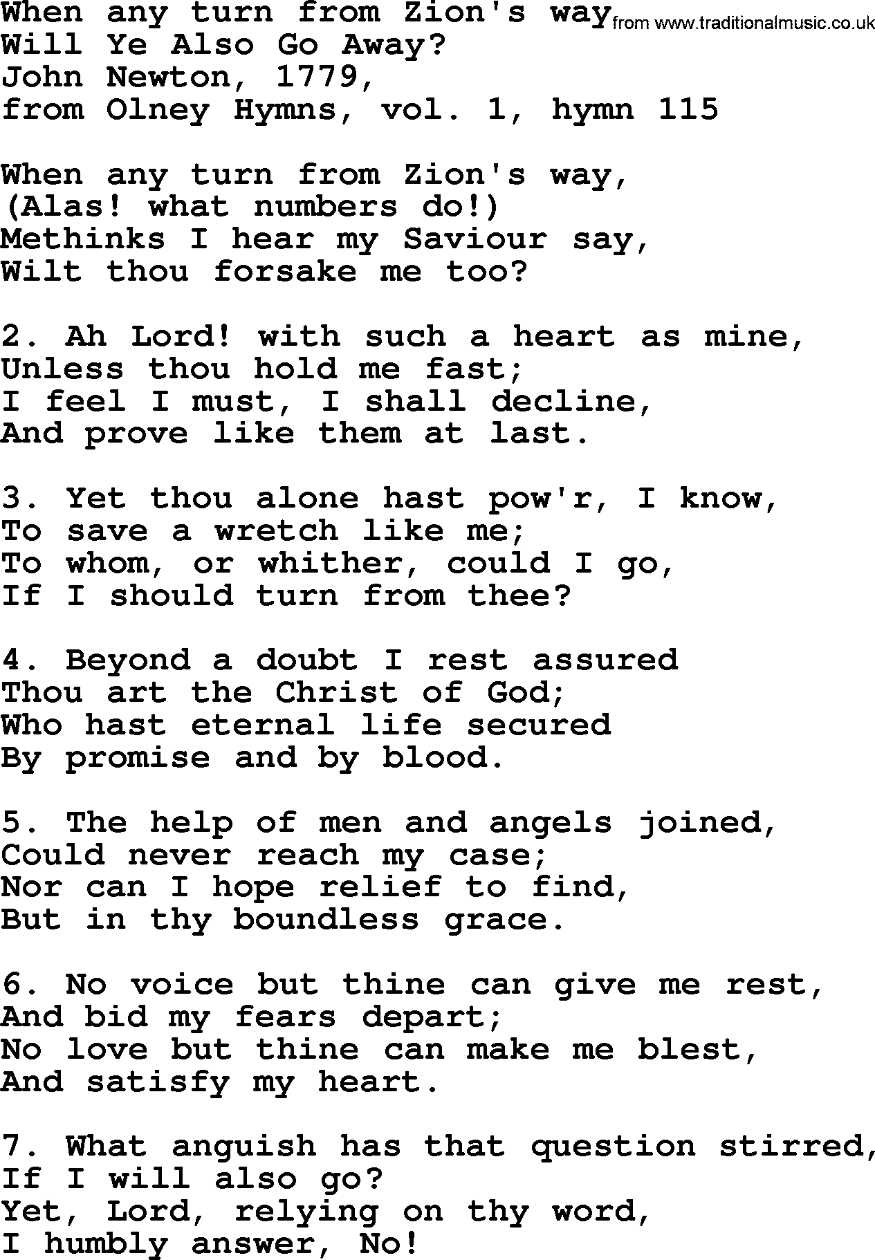 John Newton hymn: When Any Turn From Zion's Way, lyrics