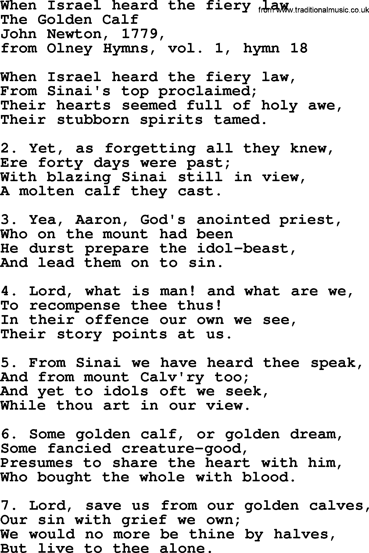 John Newton hymn: When Israel Heard The Fiery Law, lyrics