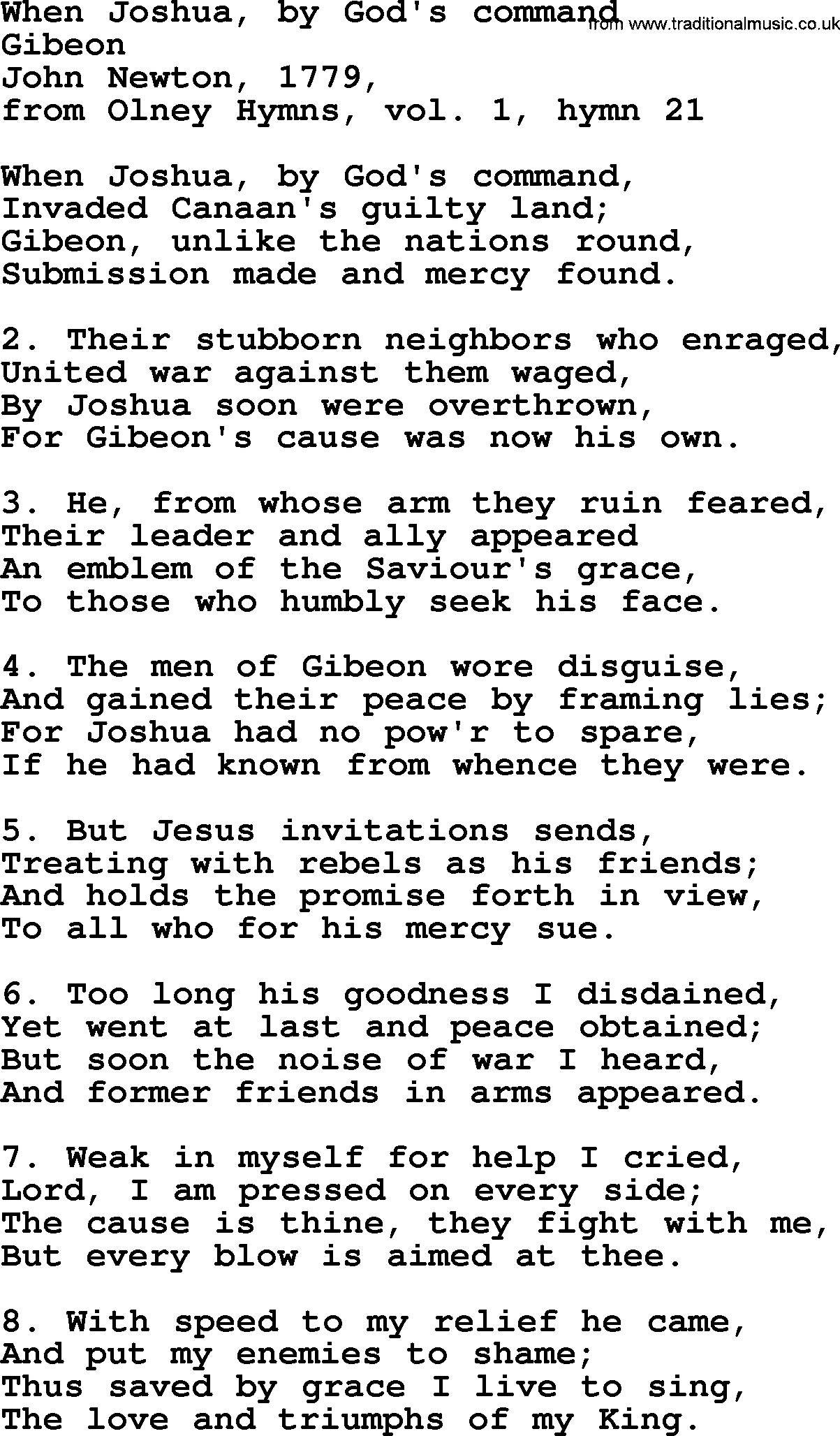 John Newton hymn: When Joshua, By God's Command, lyrics