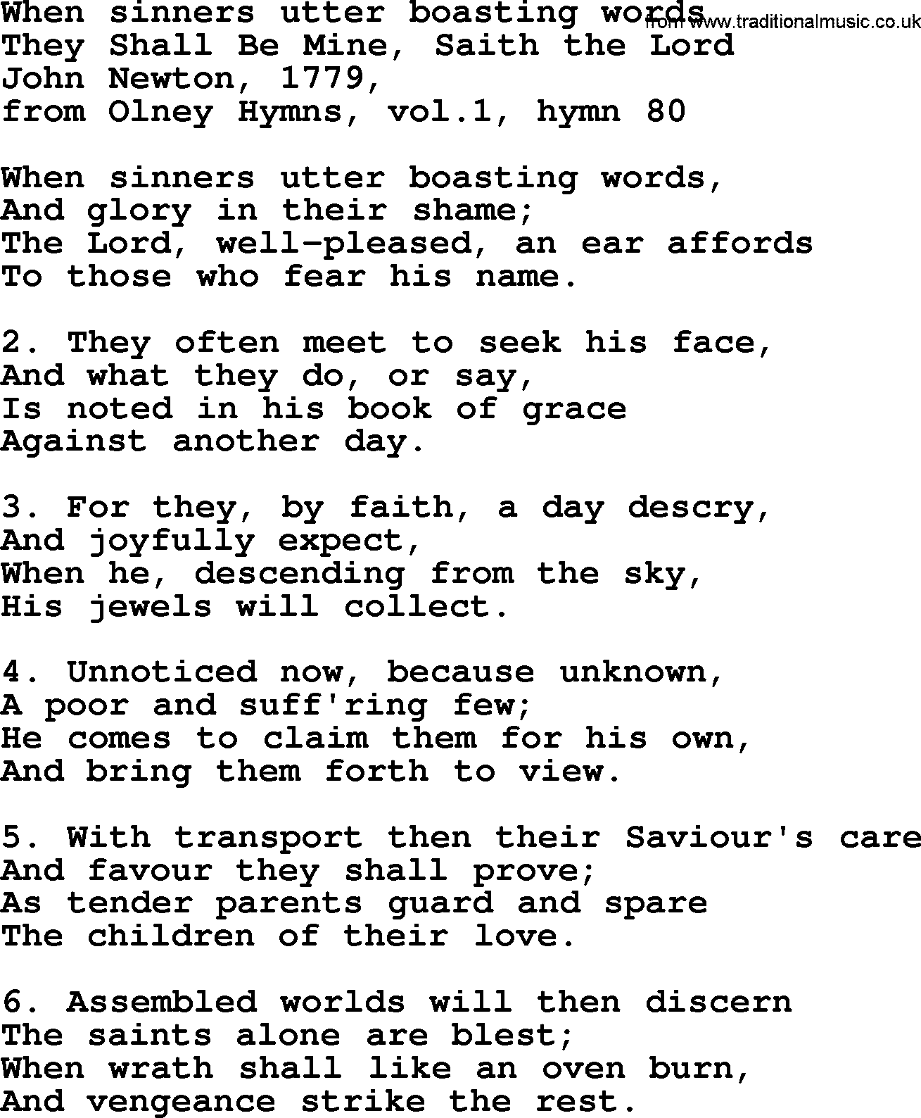 John Newton hymn: When Sinners Utter Boasting Words, lyrics