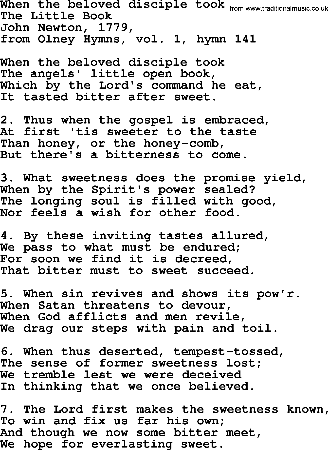 John Newton hymn: When The Beloved Disciple Took, lyrics