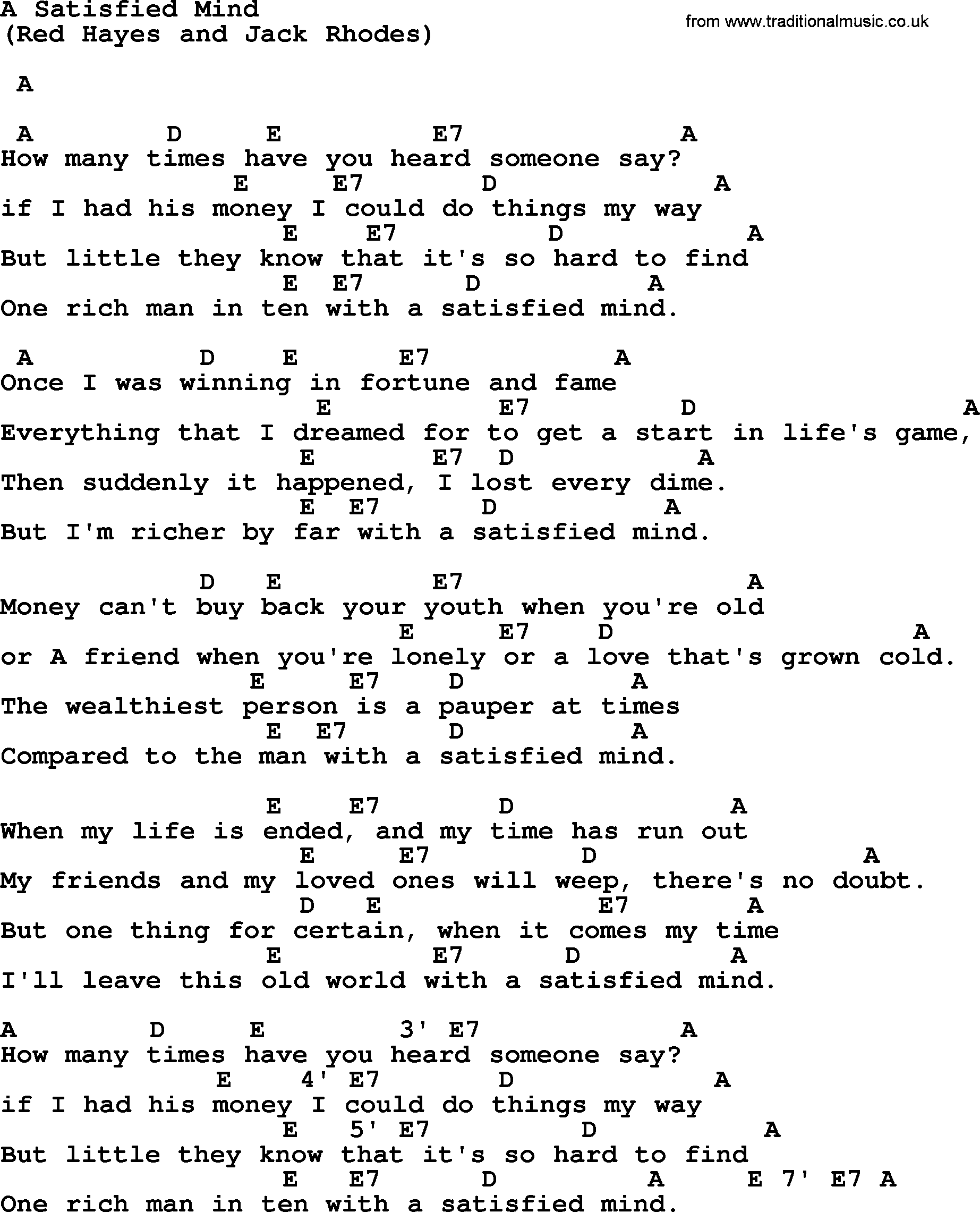 Johnny Cash song A Satisfied Mind, lyrics and chords