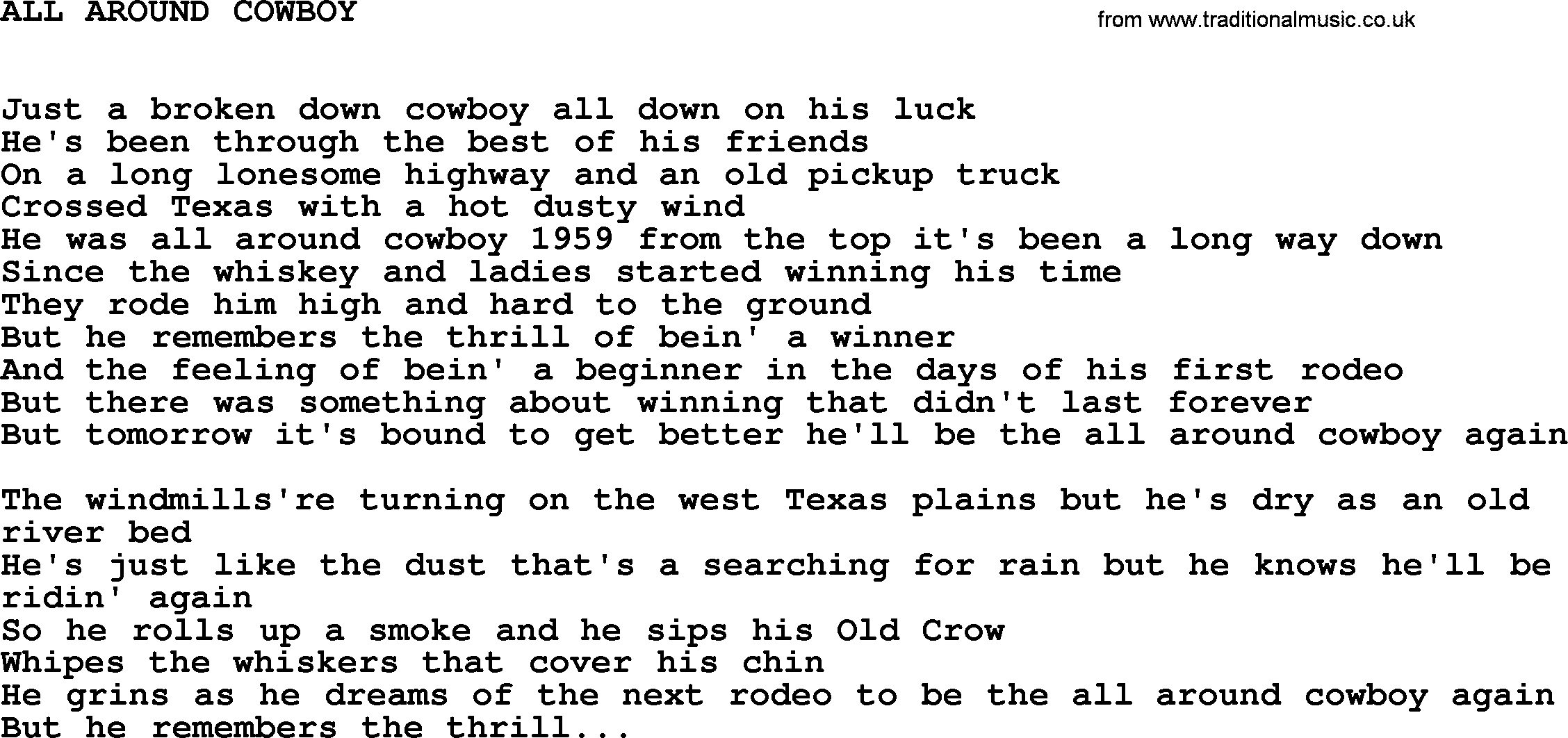 Johnny Cash song All Around Cowboy.txt lyrics