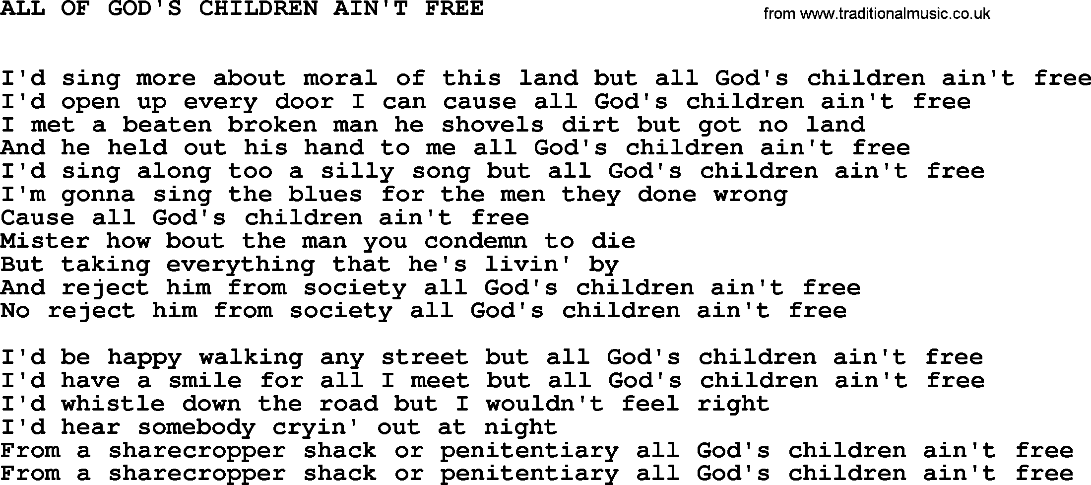 Johnny Cash song All Of God's Children Ain't Free.txt lyrics