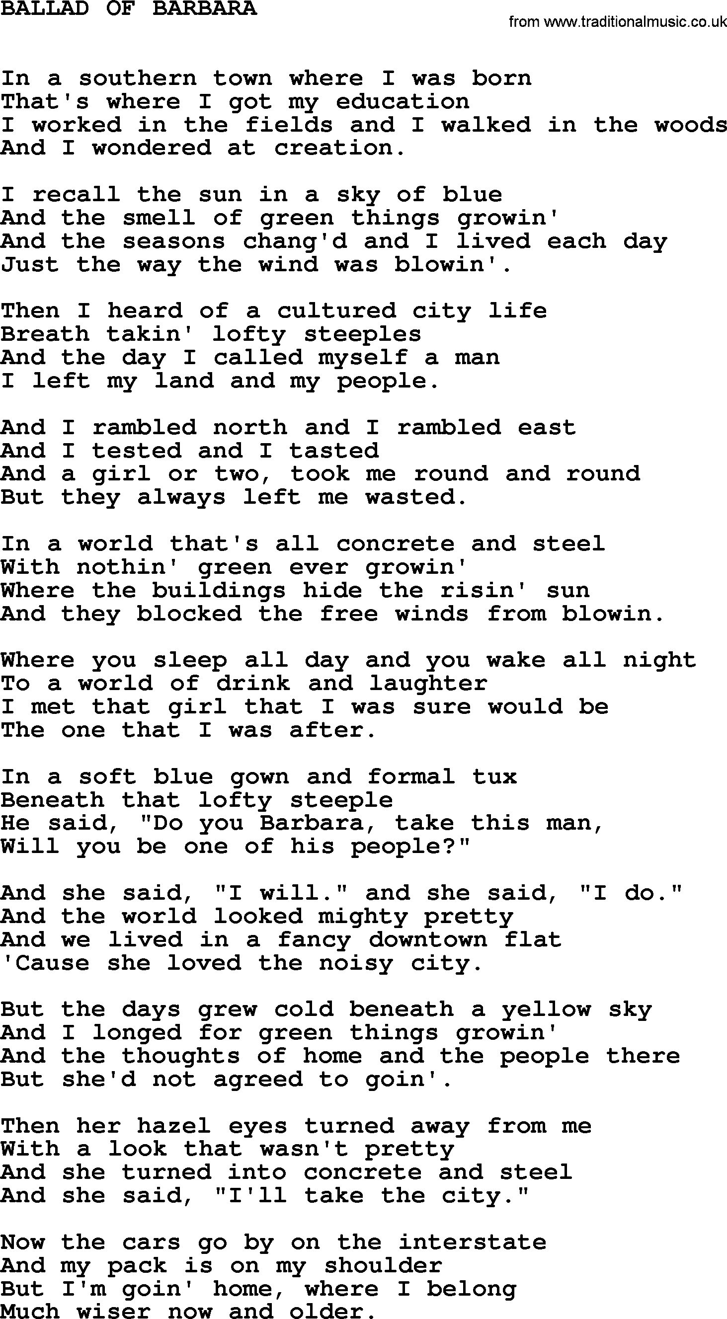 Johnny Cash song Ballad Of Barbara.txt lyrics
