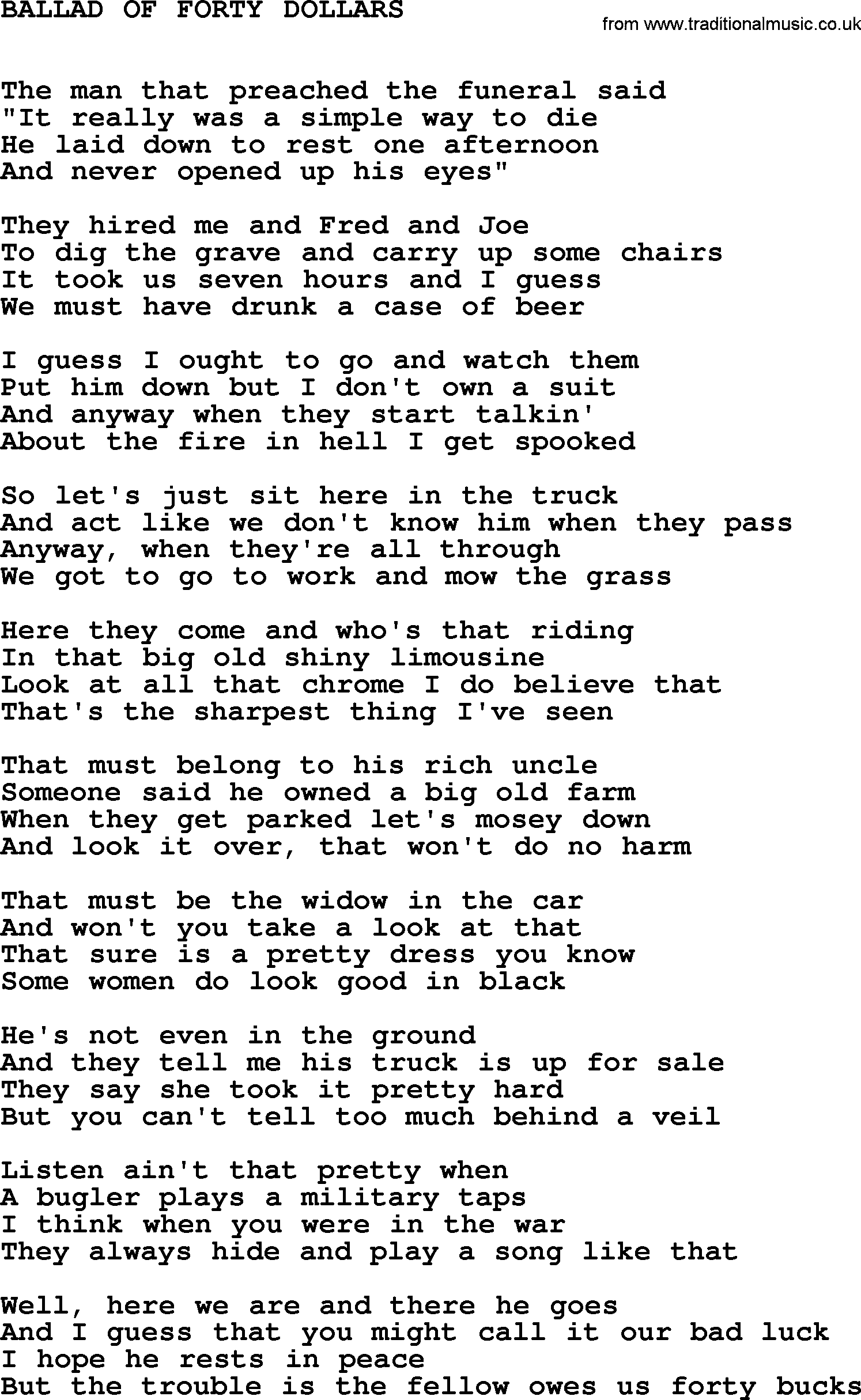 Johnny Cash song Ballad Of Forty Dollars.txt lyrics