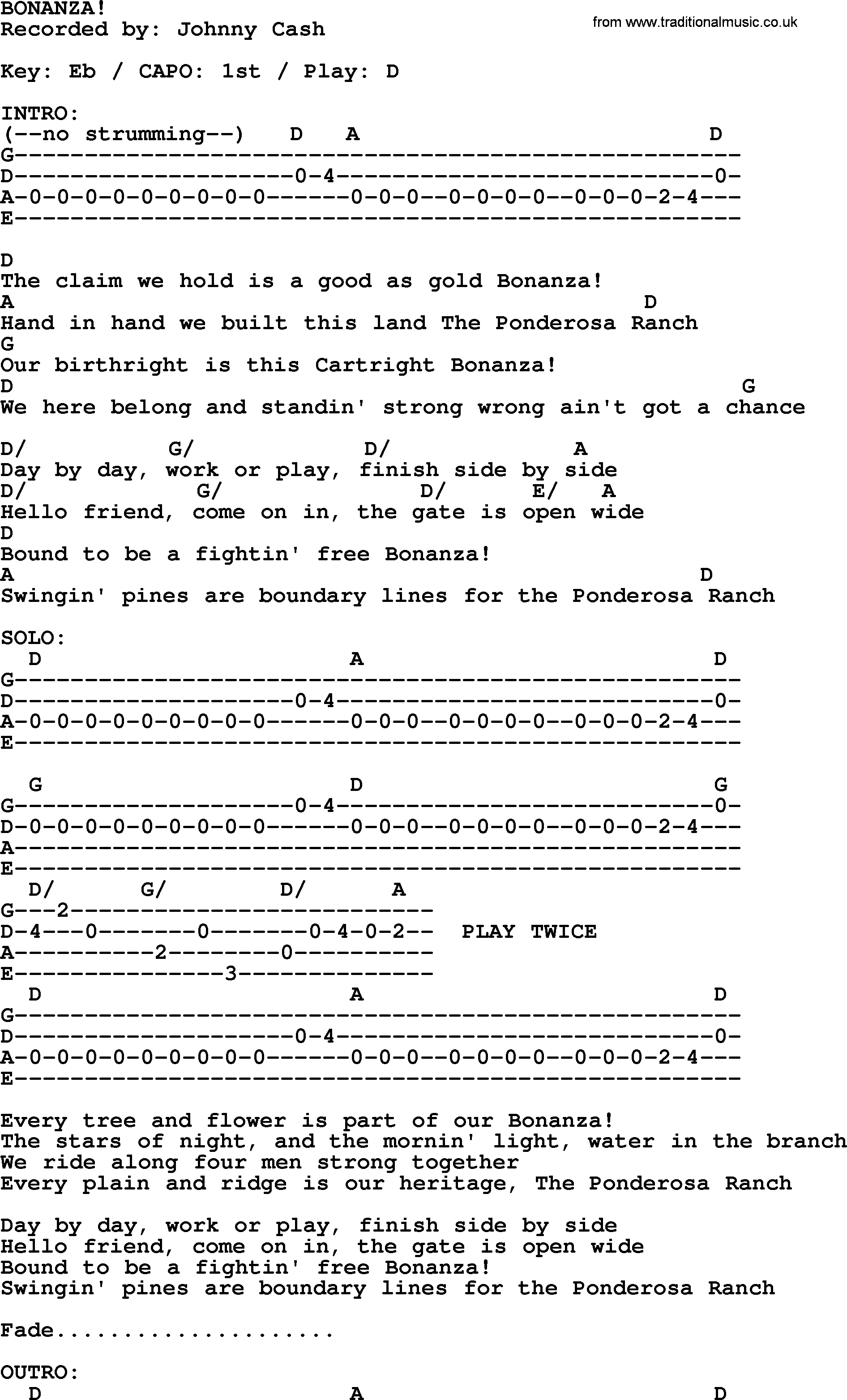Johnny Cash song Bonanza!, lyrics and chords