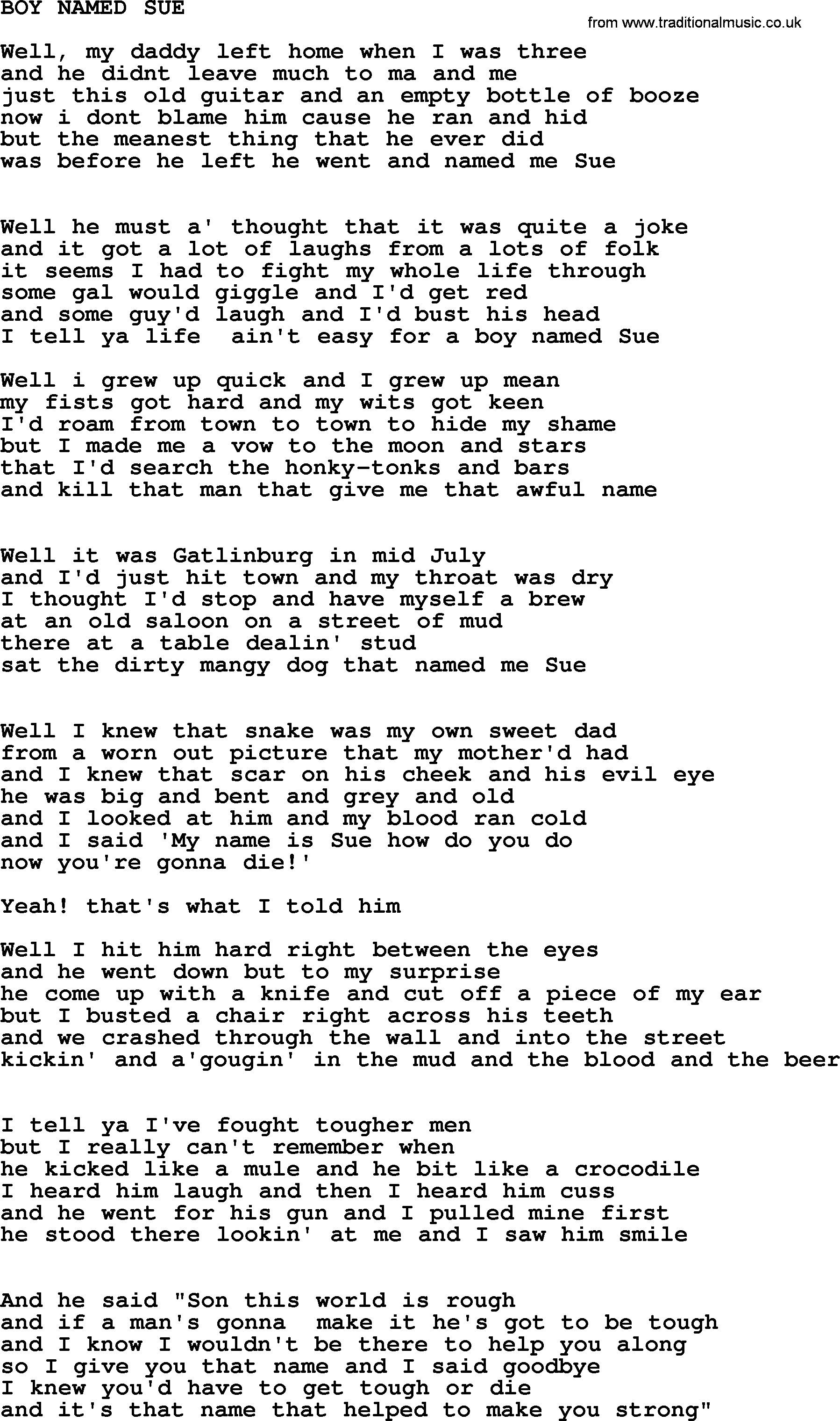 Johnny Cash song Boy Named Sue.txt lyrics