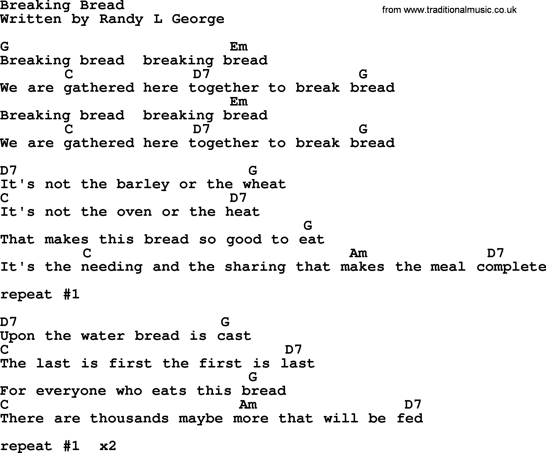 Johnny Cash song Breaking Bread, lyrics and chords