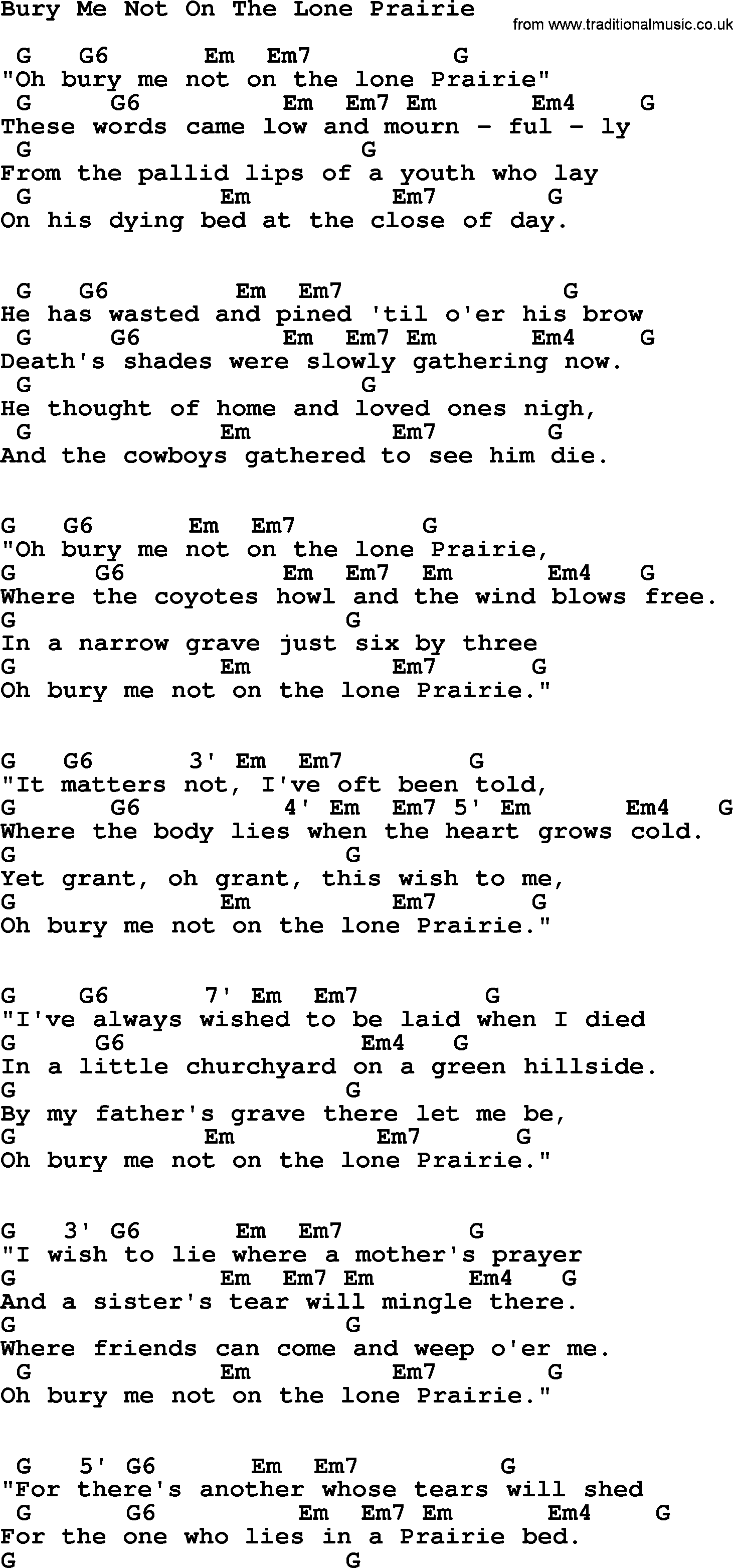 Johnny Cash song Bury Me Not On The Lone Prairie, lyrics and chords