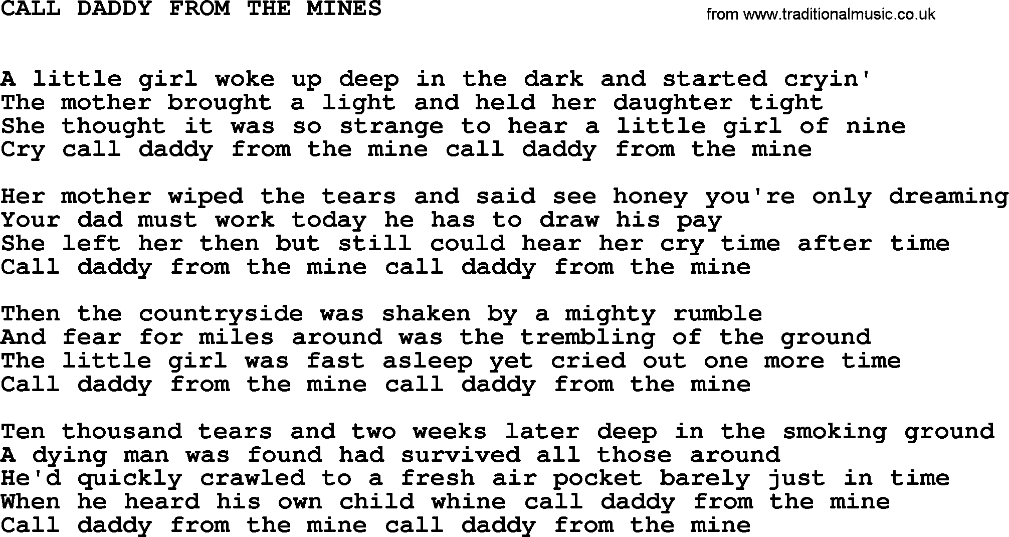Johnny Cash song Call Daddy From The Mines.txt lyrics