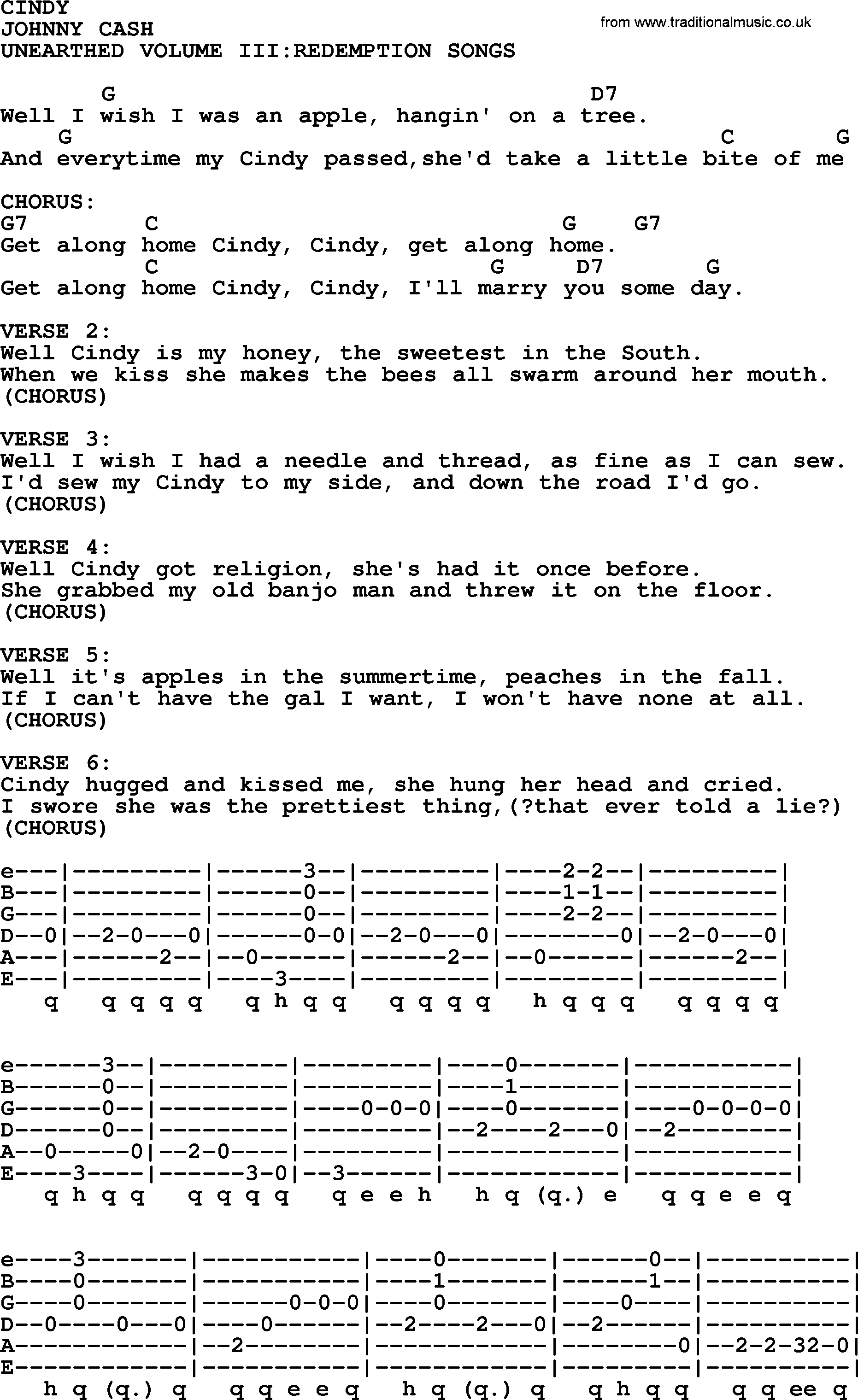 Johnny Cash song Cindy, lyrics and chords