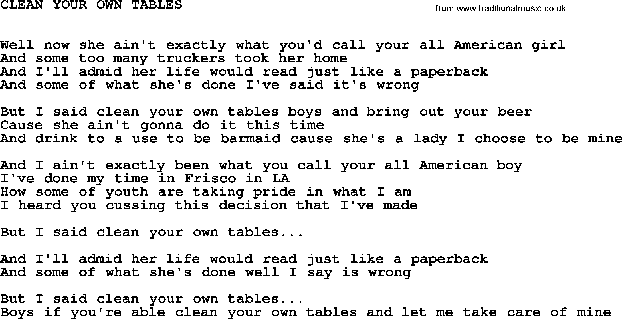 Johnny Cash song Clean Your Own Tables.txt lyrics
