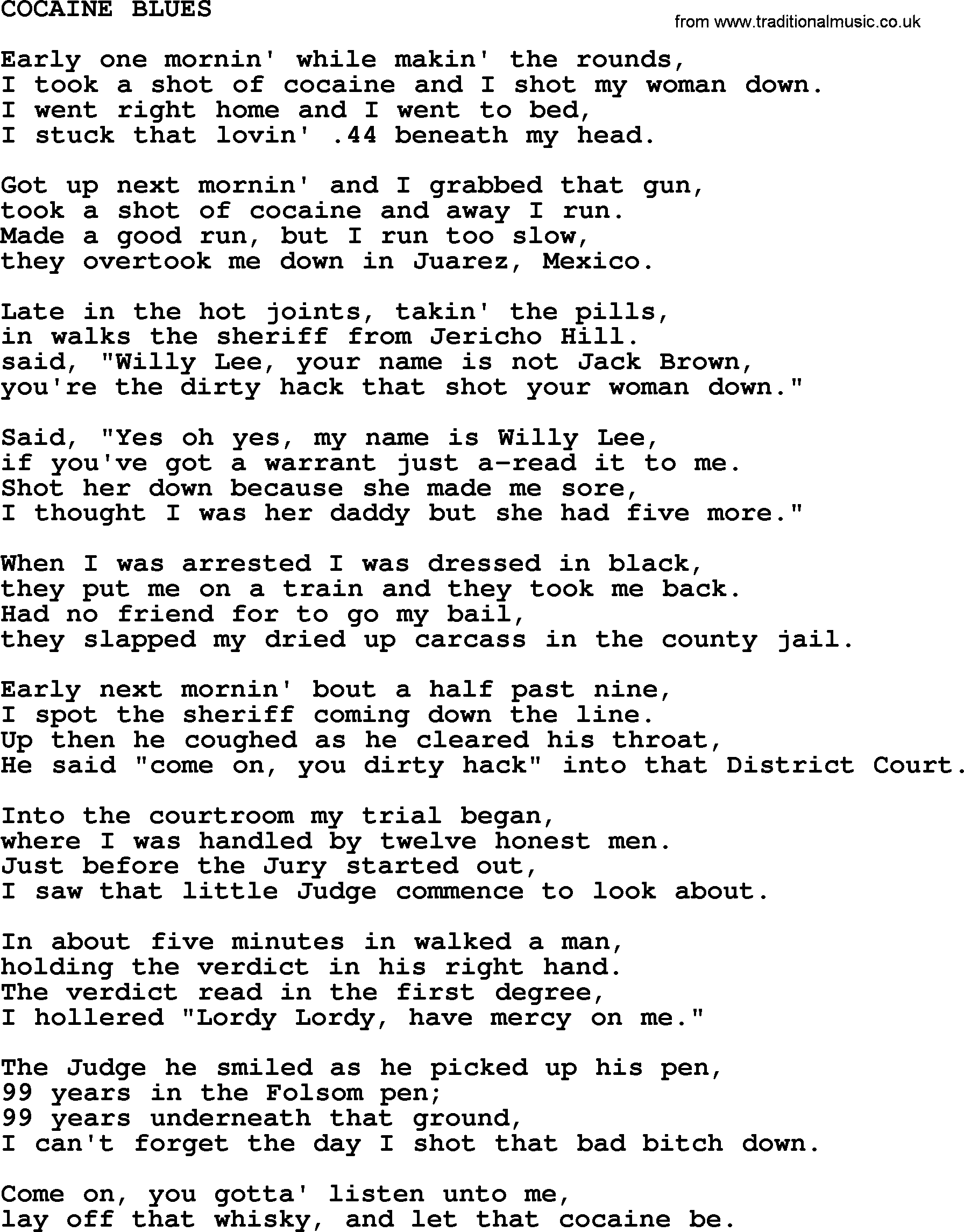Johnny Cash song: Cocaine Blues, lyrics