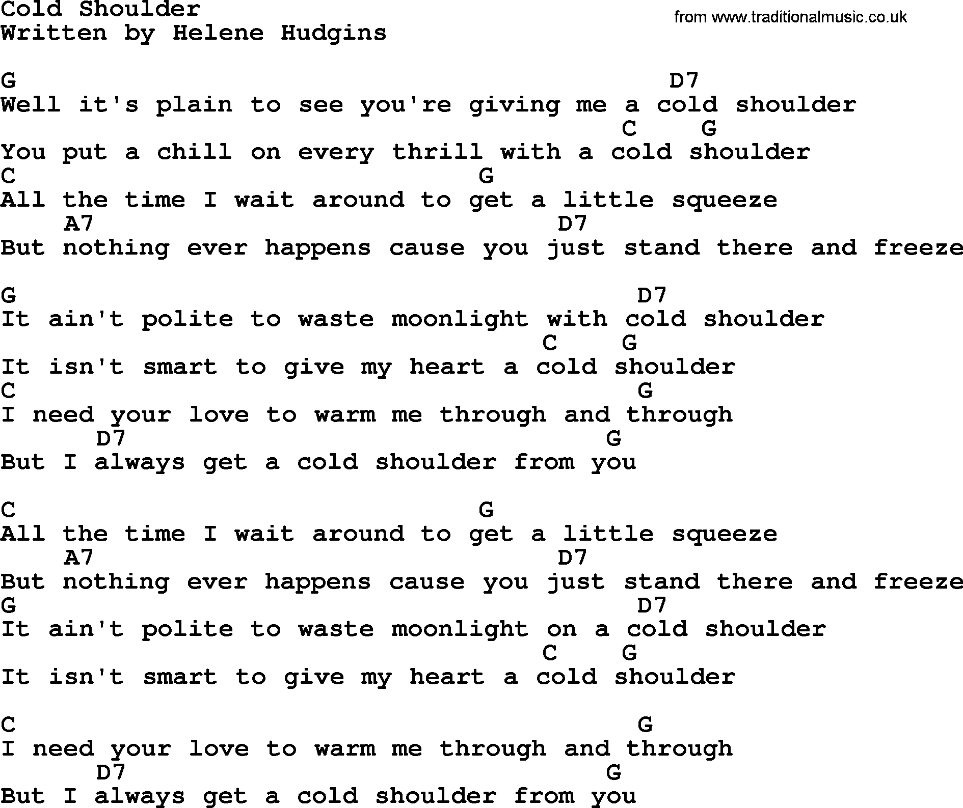 Johnny Cash song Cold Shoulder, lyrics and chords