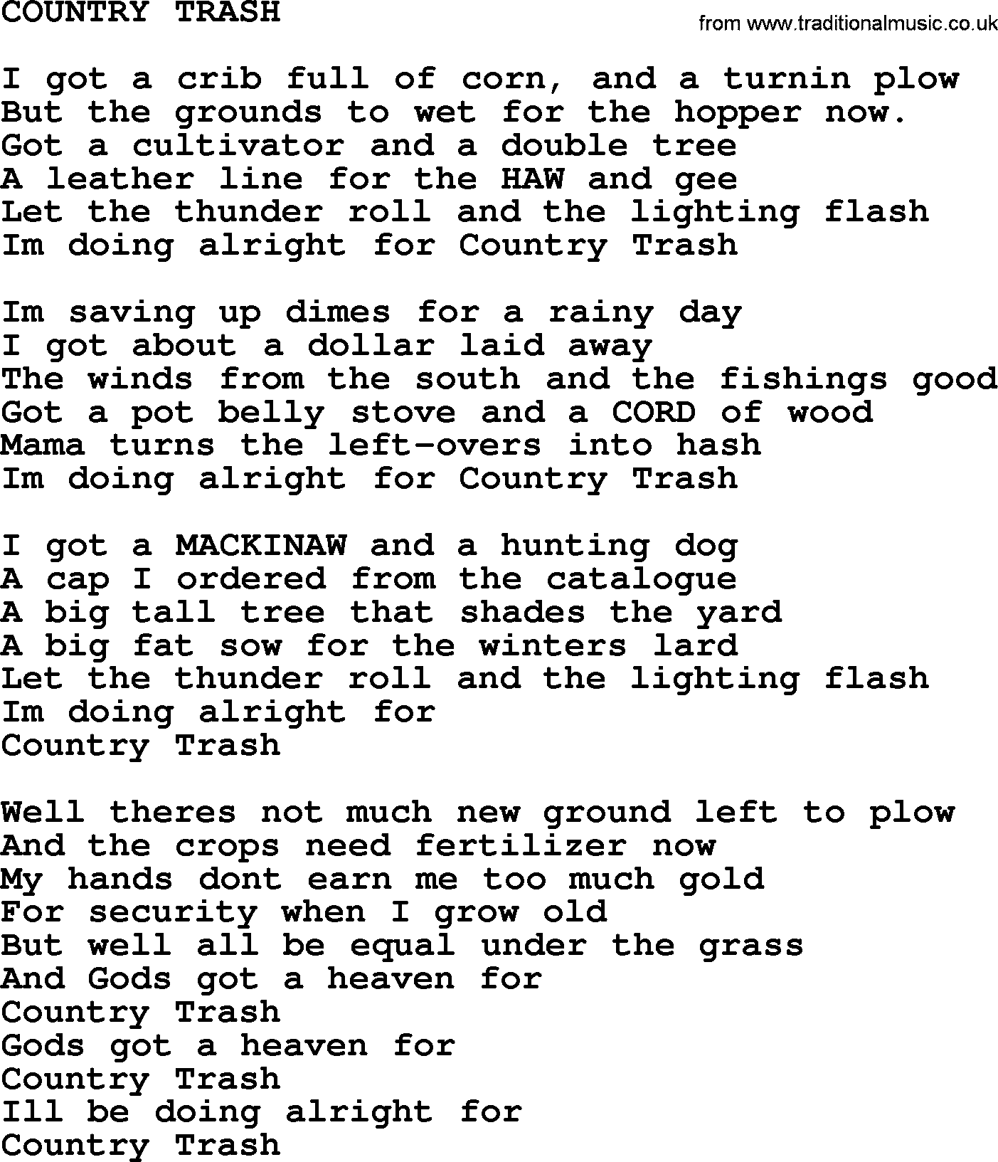 Johnny Cash song Country Trash.txt lyrics