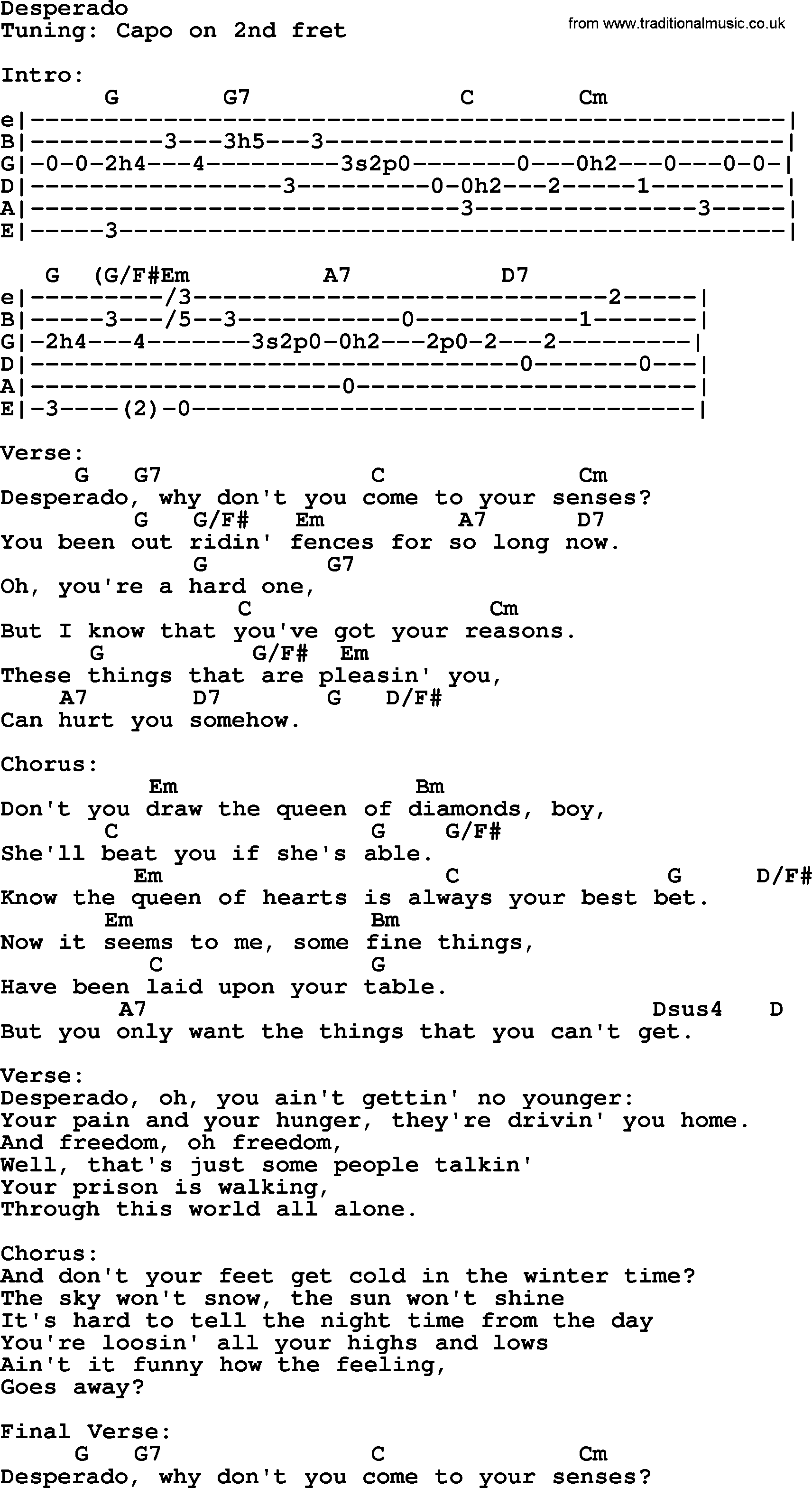Johnny Cash song Desperado, lyrics and chords