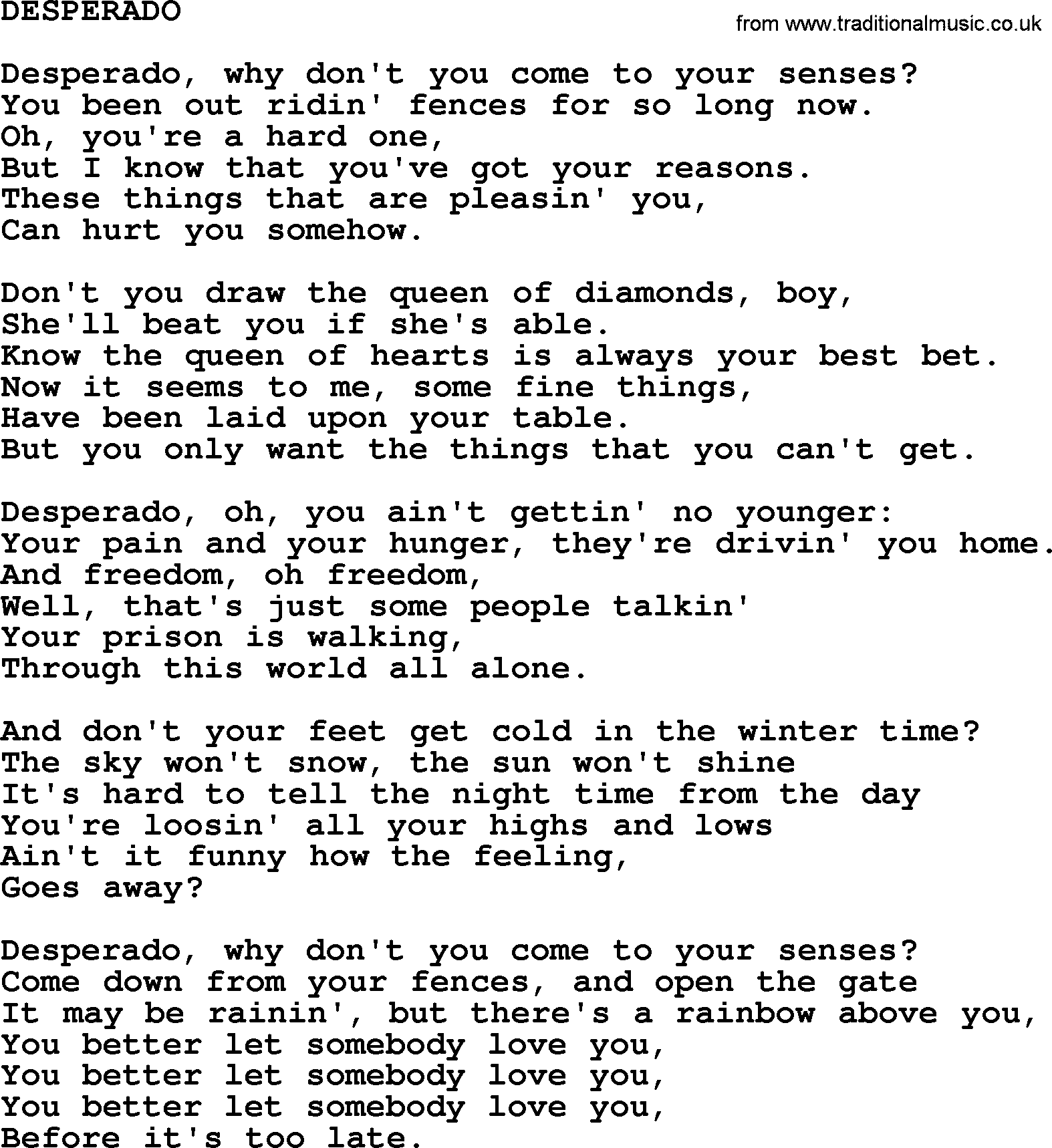 Johnny Cash song Desperado.txt lyrics