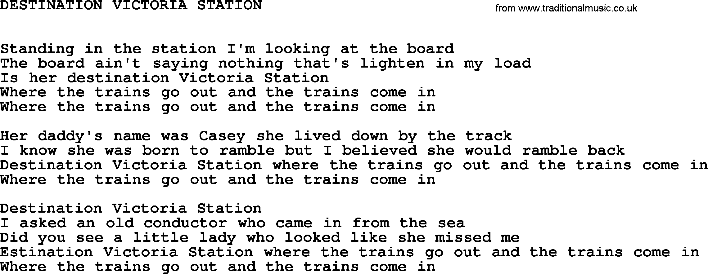 Johnny Cash song Destination Victoria Station.txt lyrics
