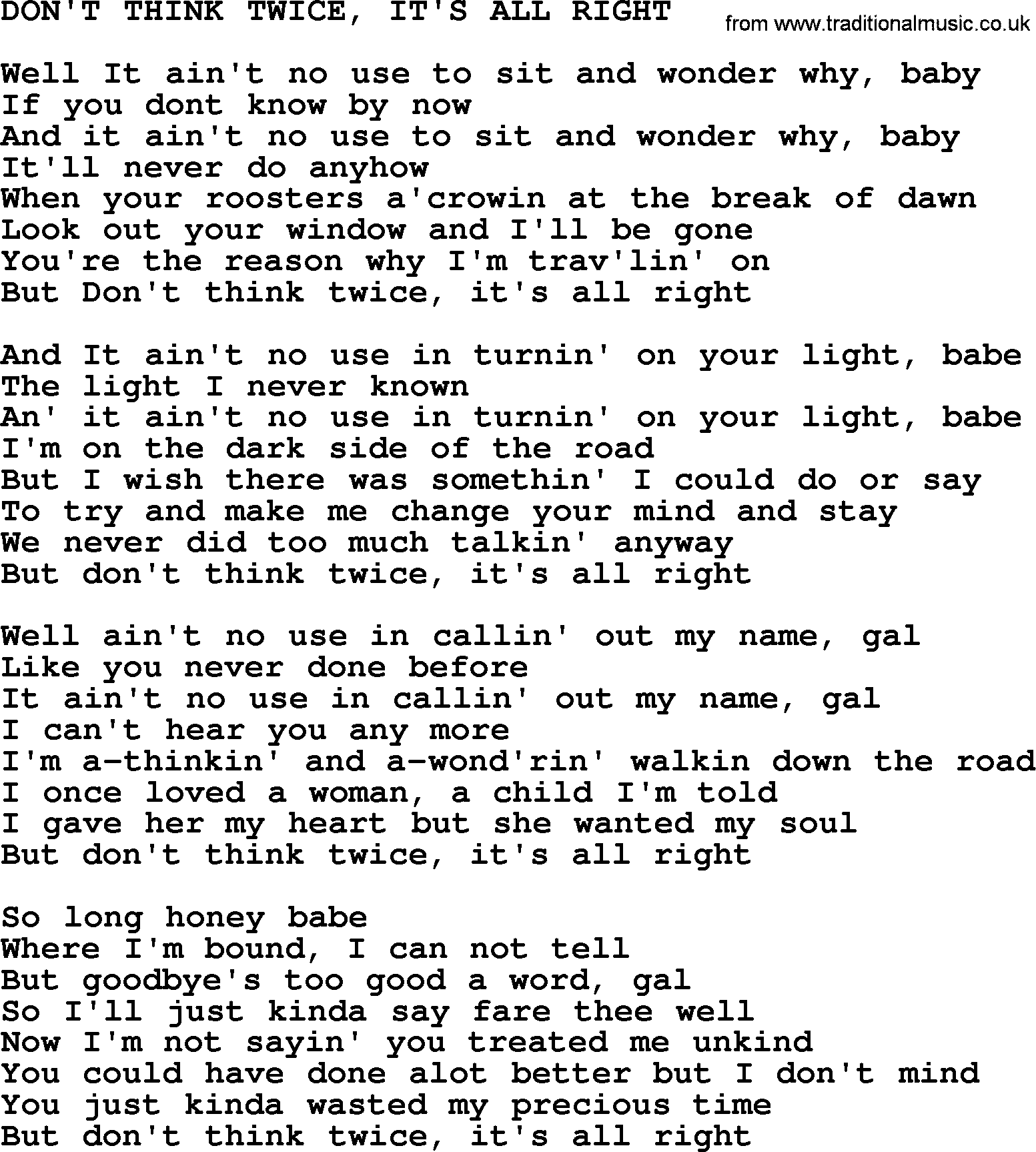 Johnny Cash song Don't Think Twice, It's All Right.txt lyrics