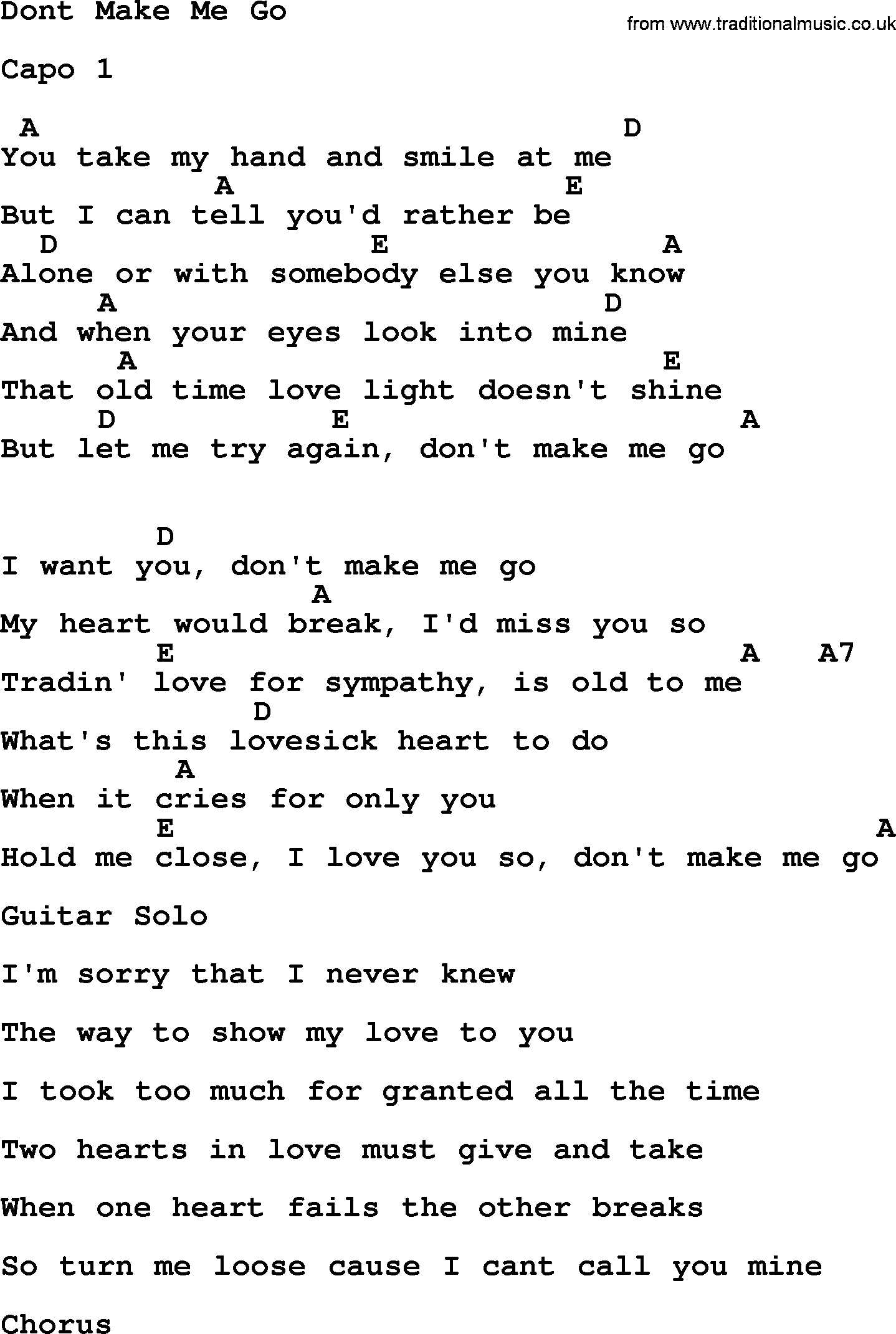 Johnny Cash song Dont Make Me Go, lyrics and chords