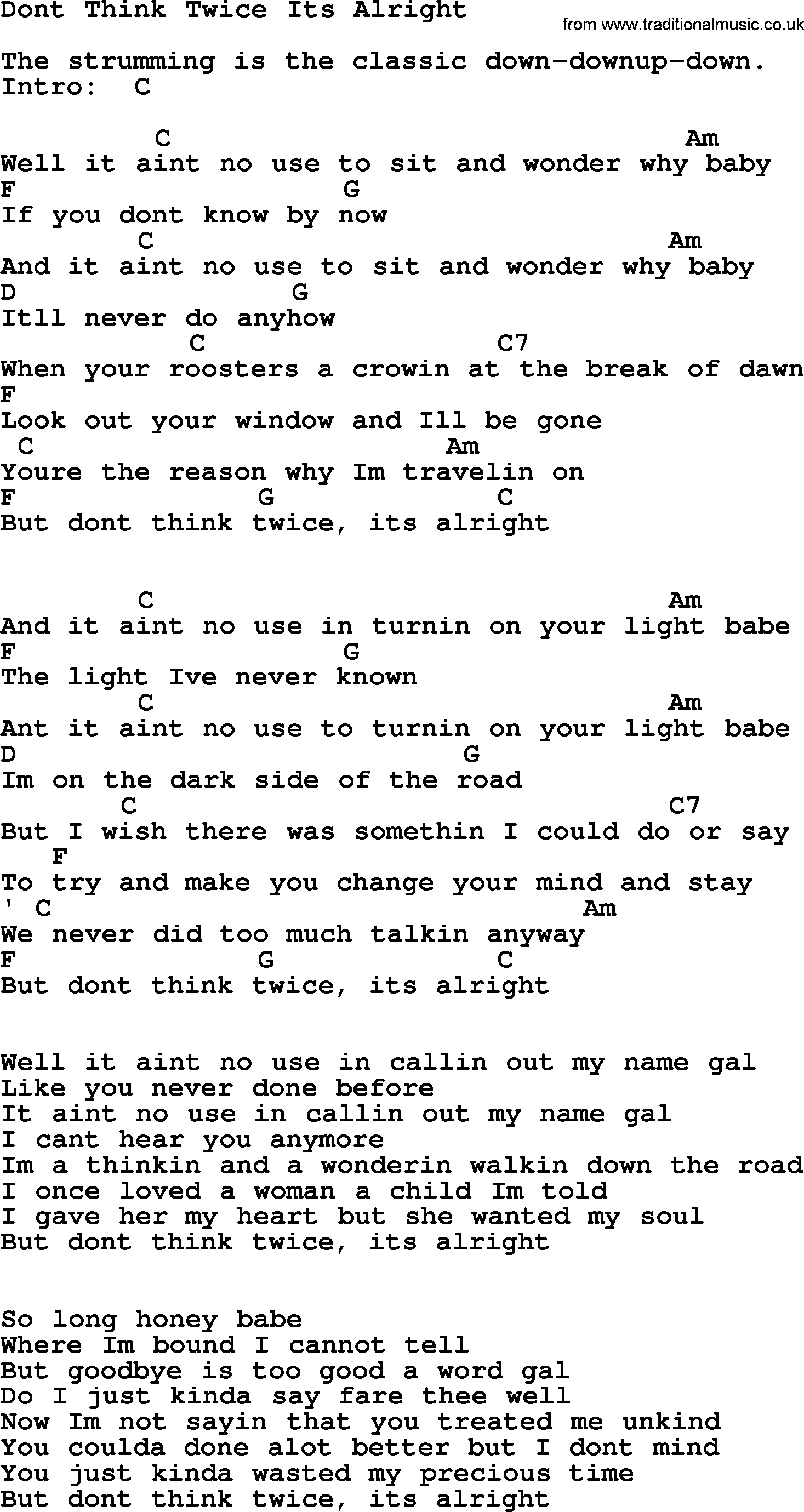 Johnny Cash song Dont Think Twice Its Alright, lyrics and chords