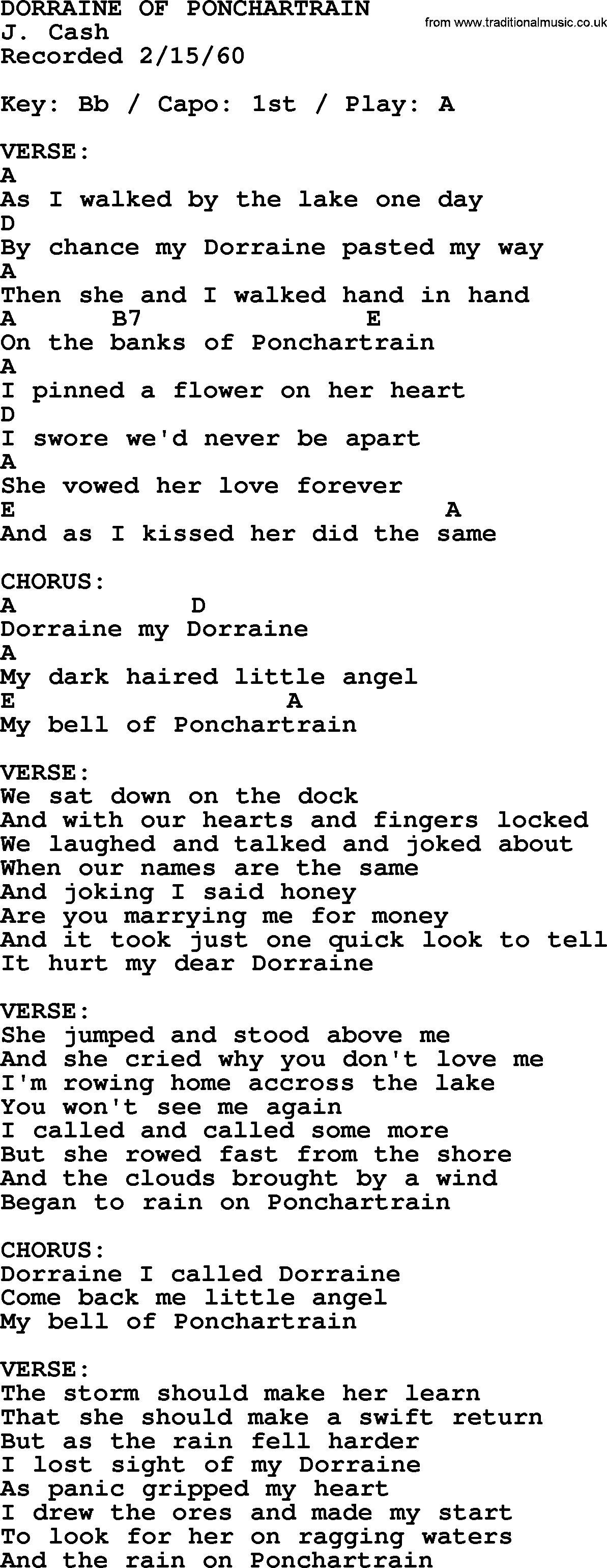 Johnny Cash song Dorraine Of Ponchartrain, lyrics and chords