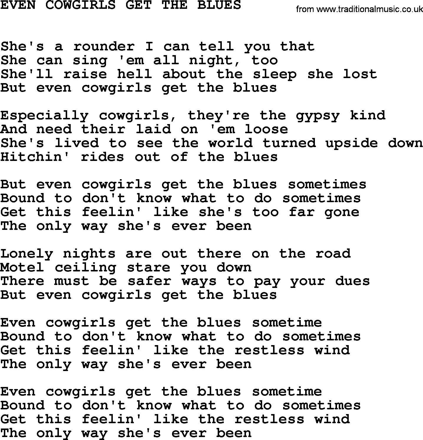 Johnny Cash song Even Cowgirls Get The Blues.txt lyrics