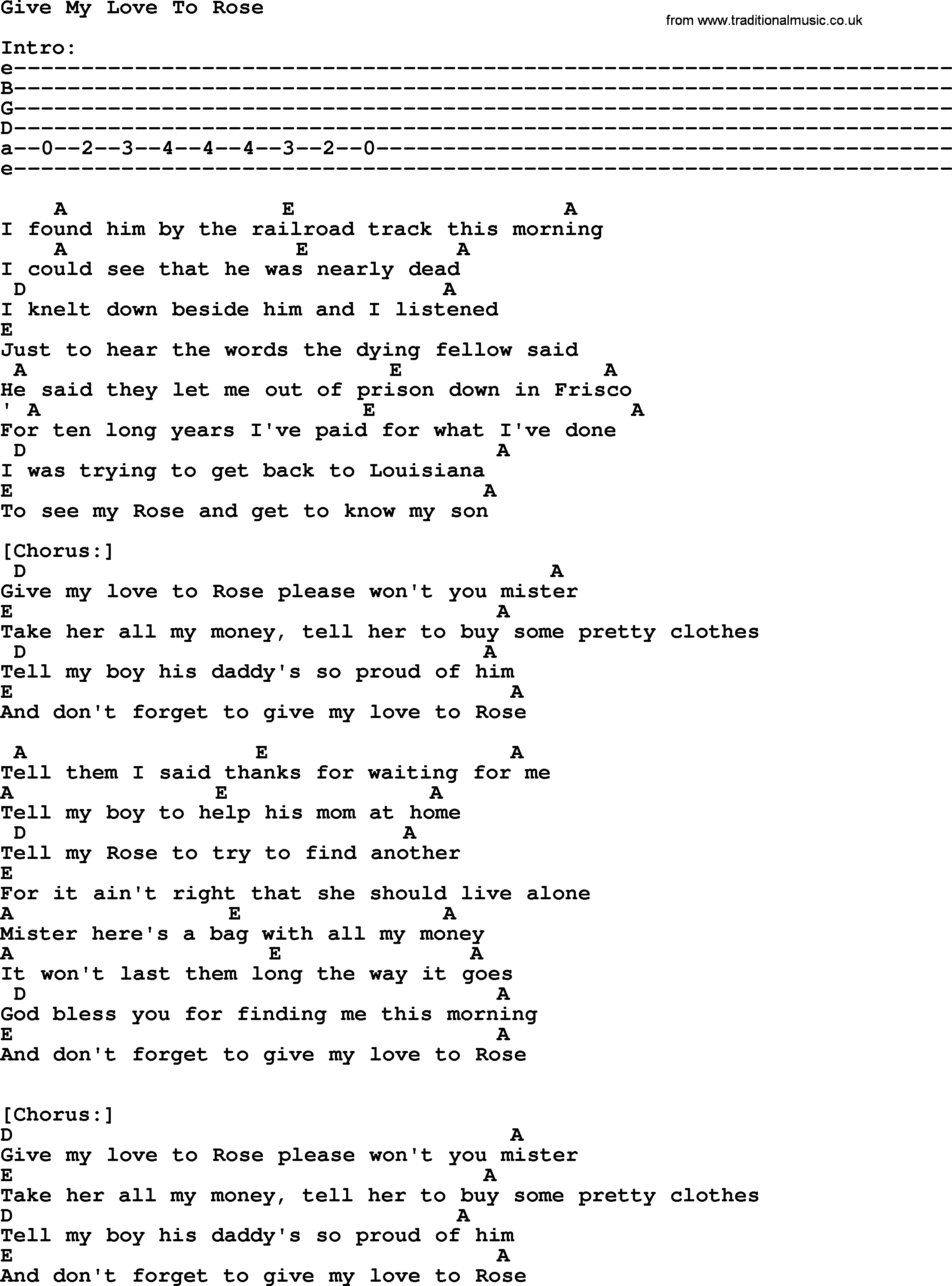 Johnny Cash song: Give My Love To Rose, lyrics and chords