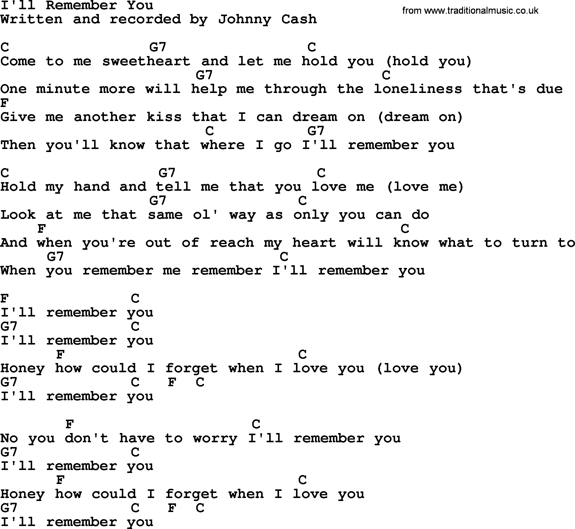 Johnny Cash song I'll Remember You, lyrics and chords
