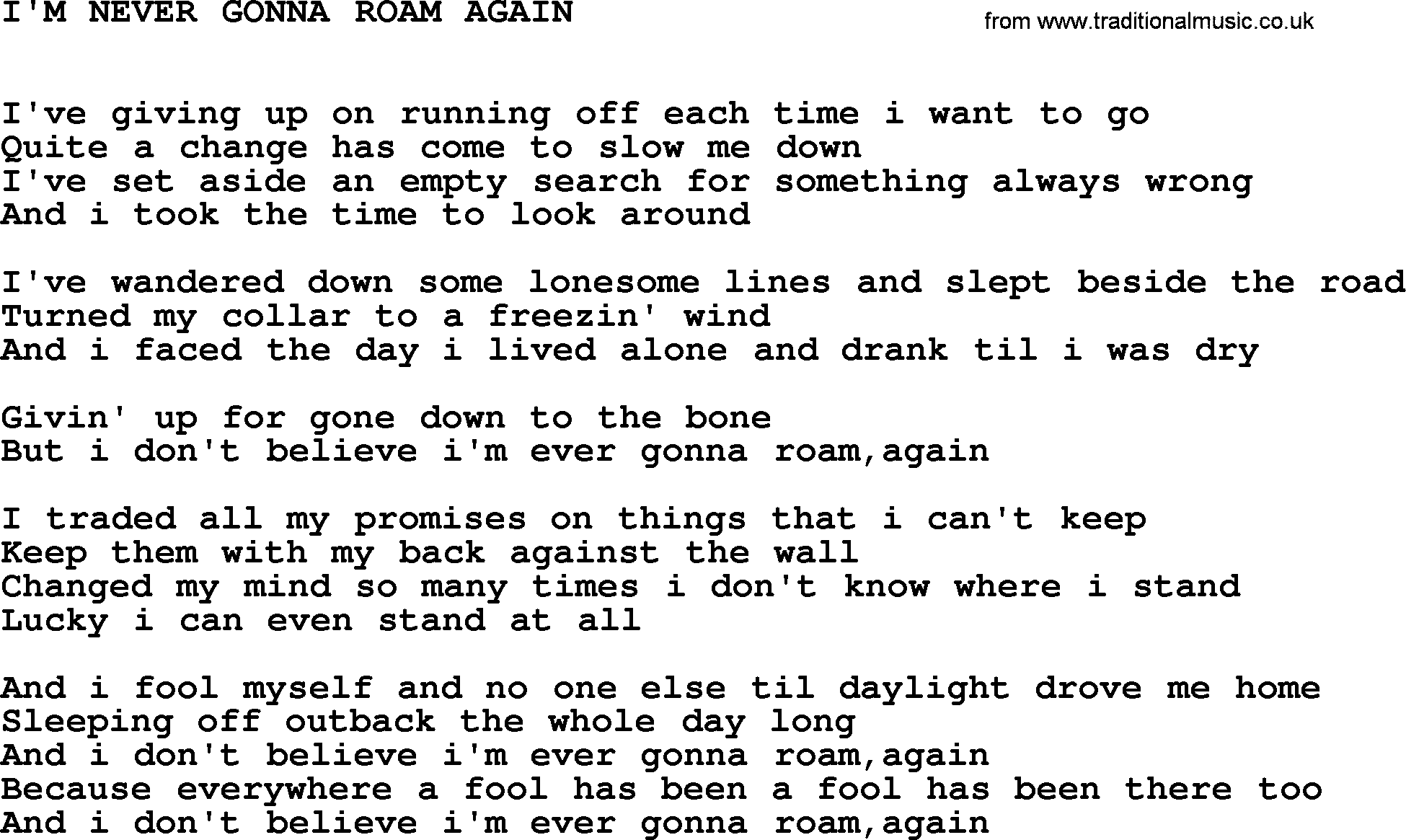Johnny Cash song I'm Never Gonna Roam Again.txt lyrics