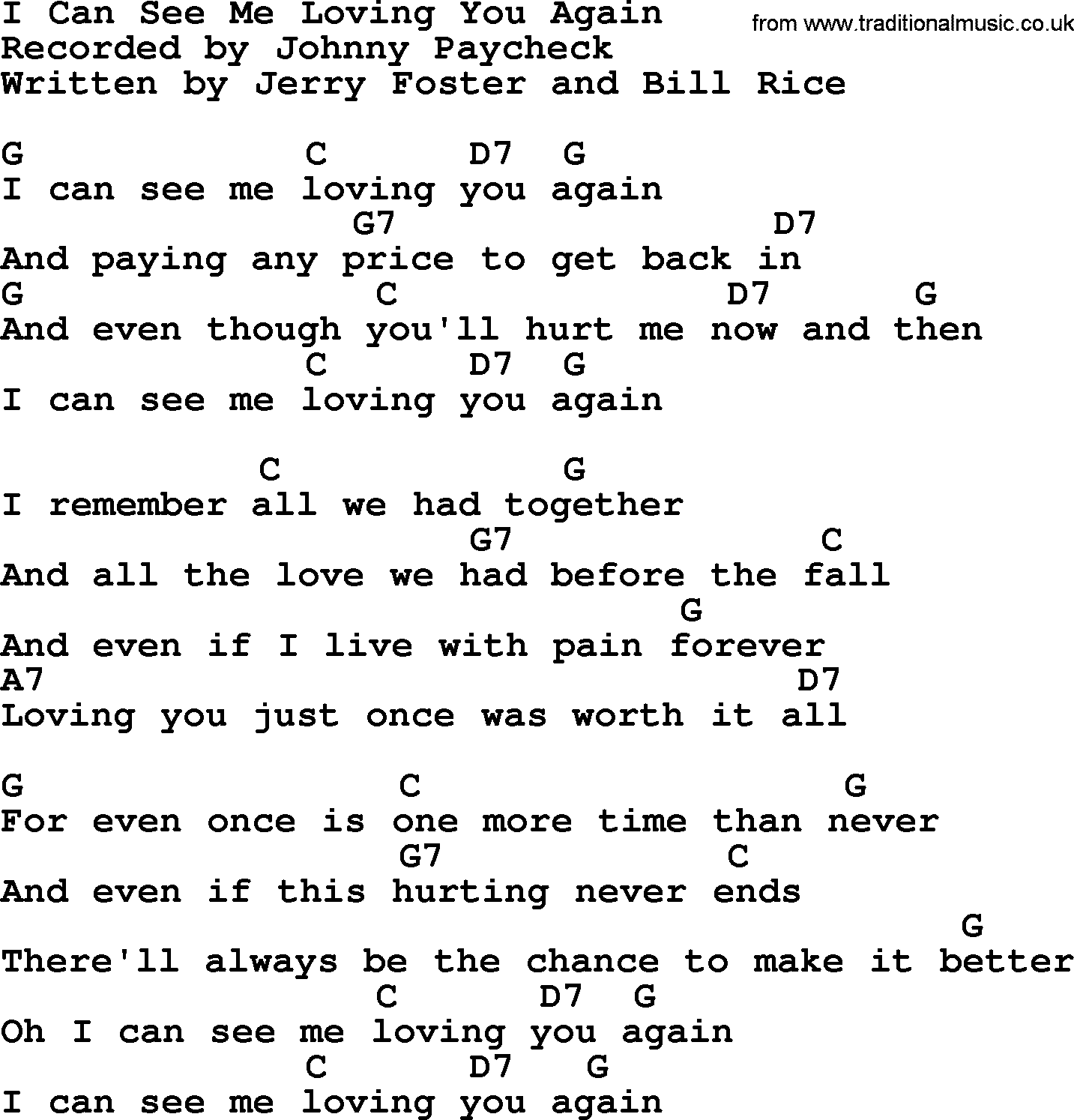 Johnny Cash song I Can See Me Loving You Again, lyrics and chords