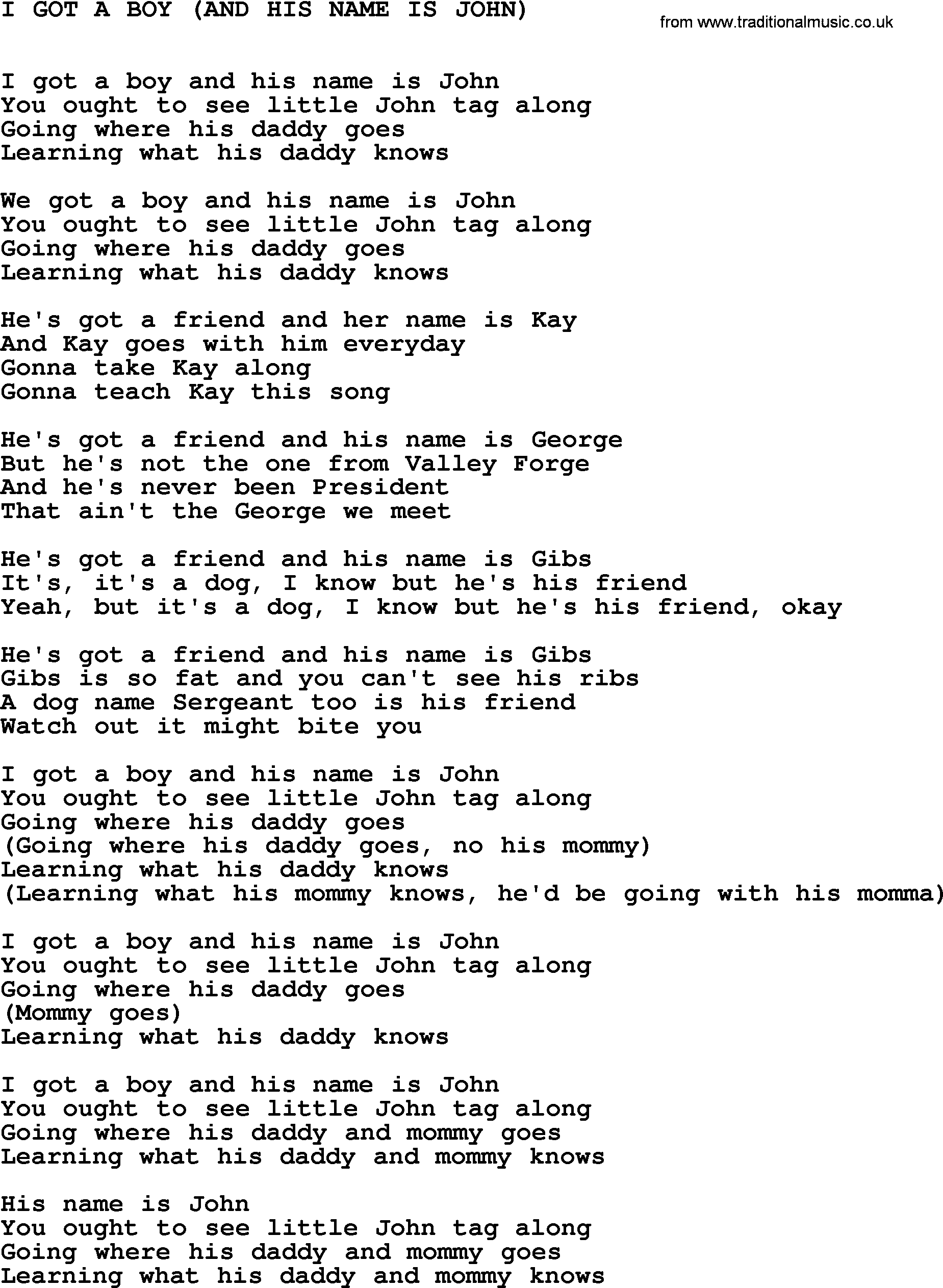 Johnny Cash song I Got A Boy(And His Name Is John).txt lyrics