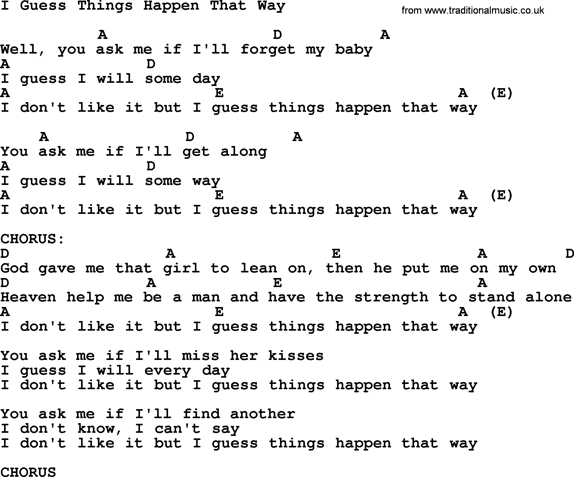 Johnny Cash song I Guess Things Happen That Way, lyrics and chords