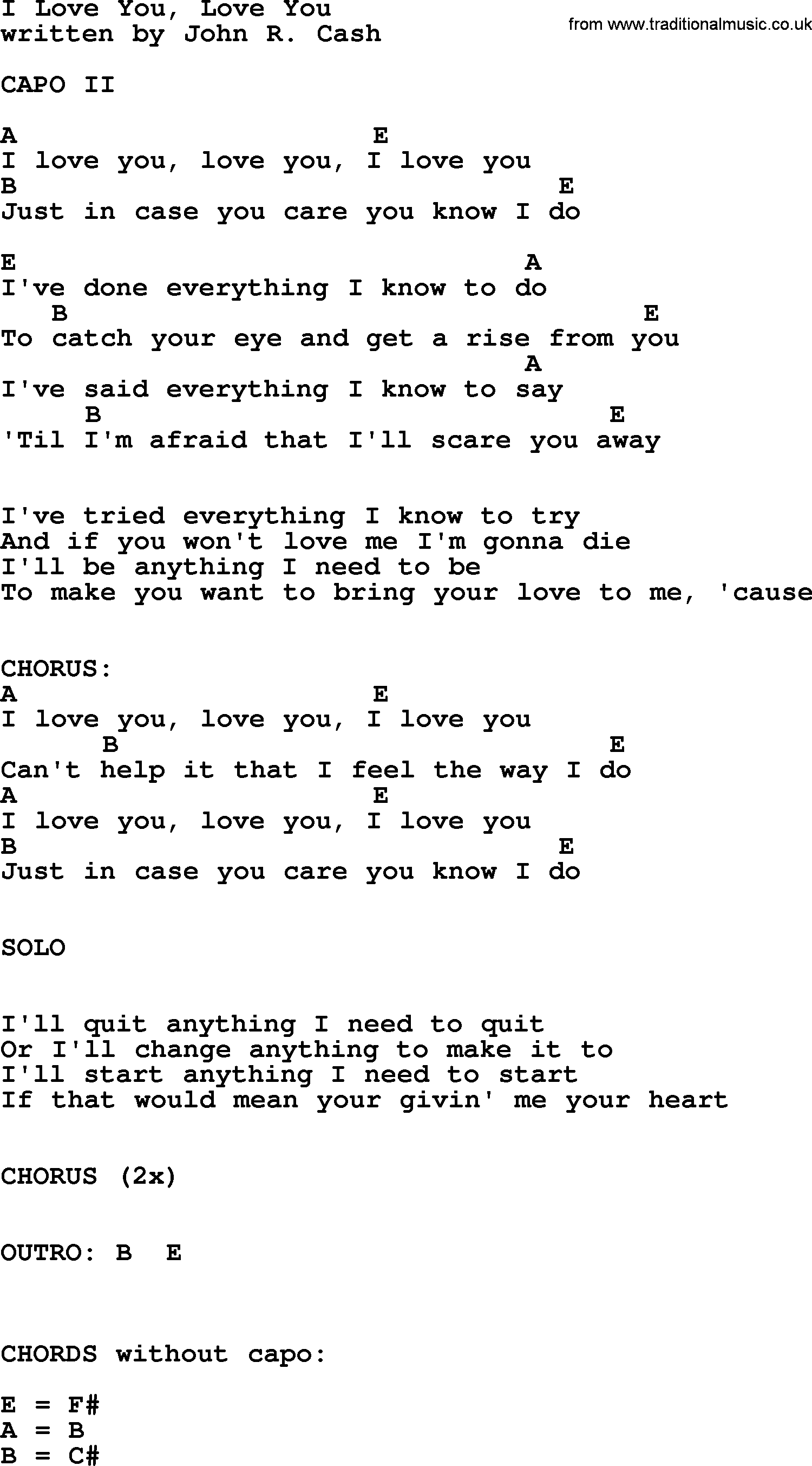 Johnny Cash song I Love You, Love You, lyrics and chords