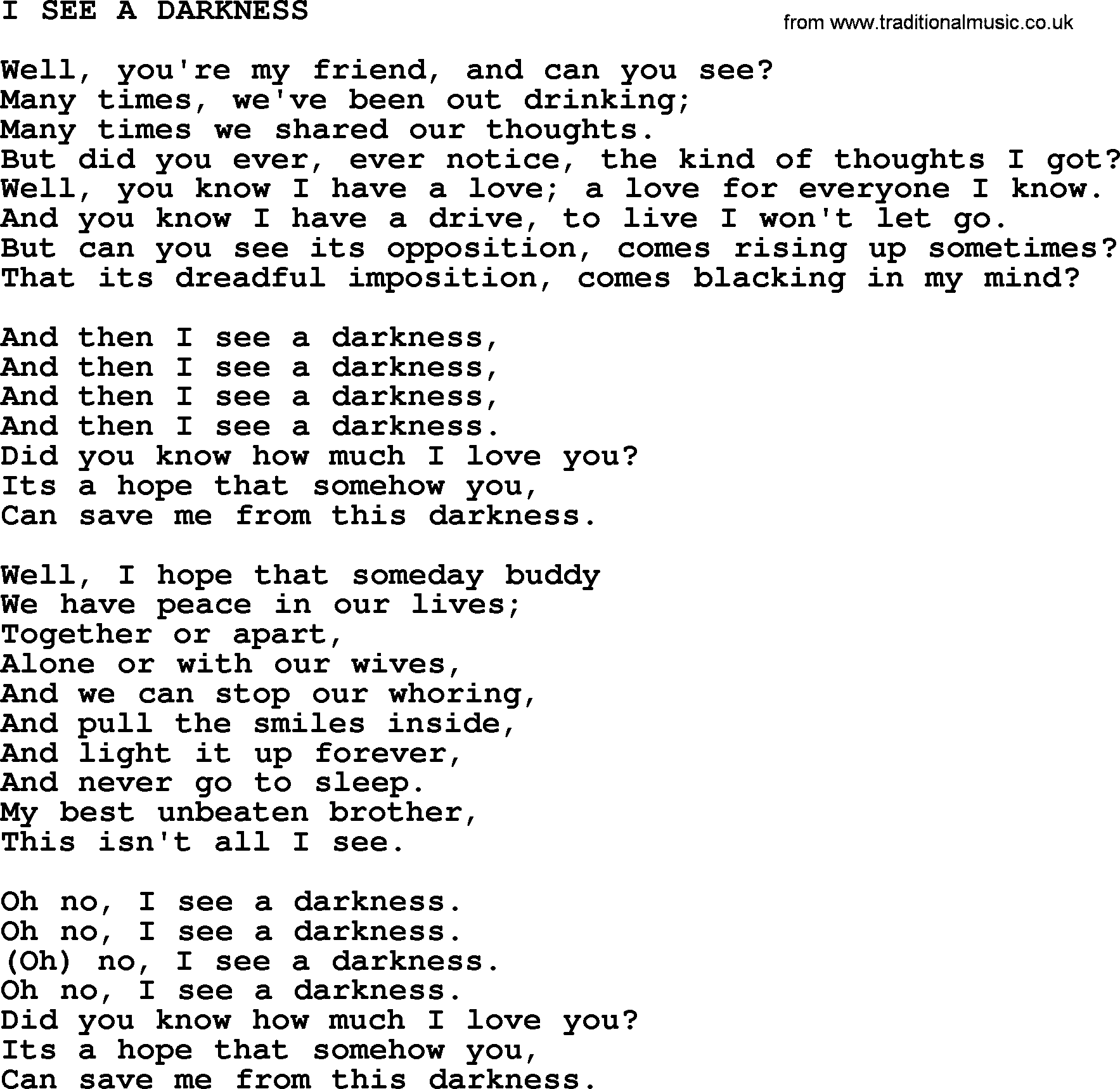Johnny Cash song I See A Darkness.txt lyrics
