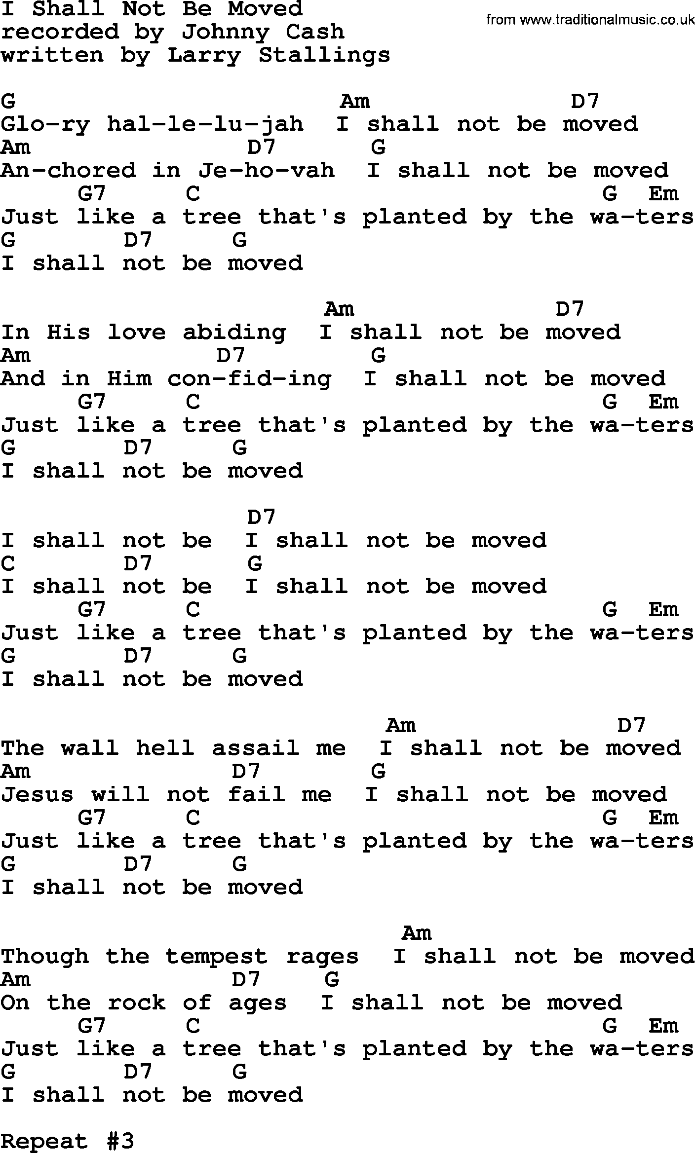 Johnny Cash song I Shall Not Be Moved, lyrics and chords