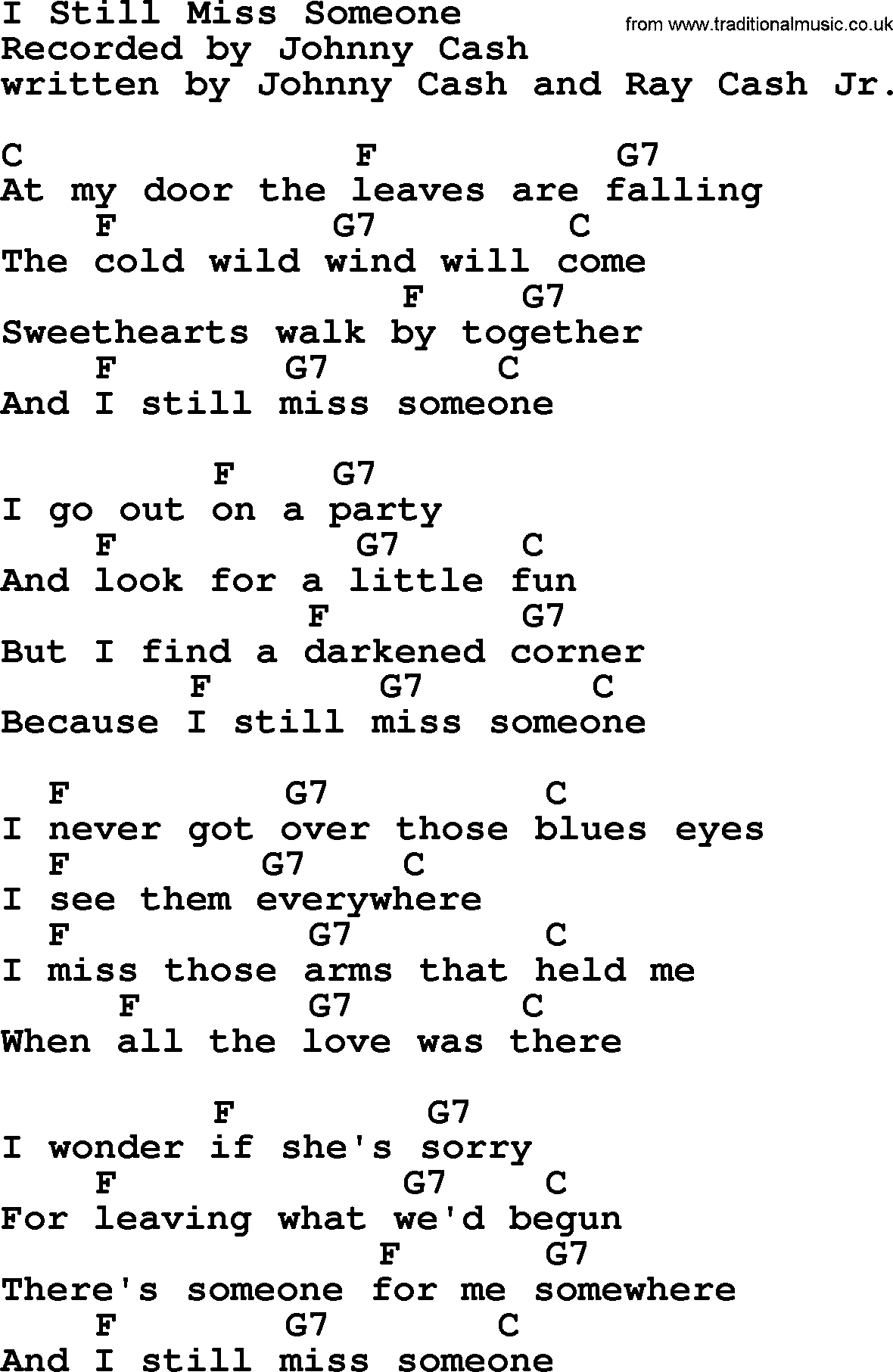 Johnny Cash song I Still Miss Someone, lyrics and chords