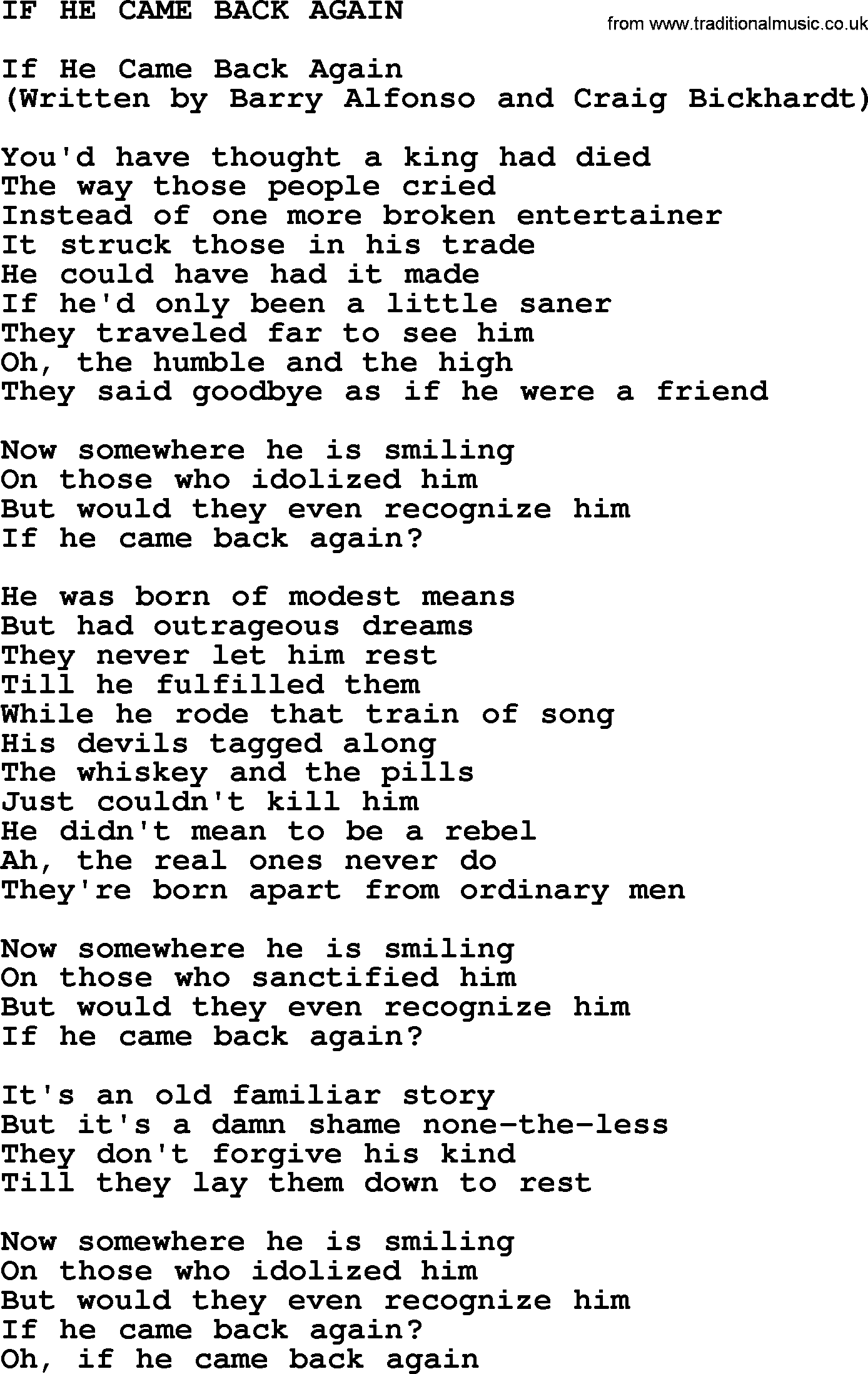 Johnny Cash song If He Came Back Again.txt lyrics