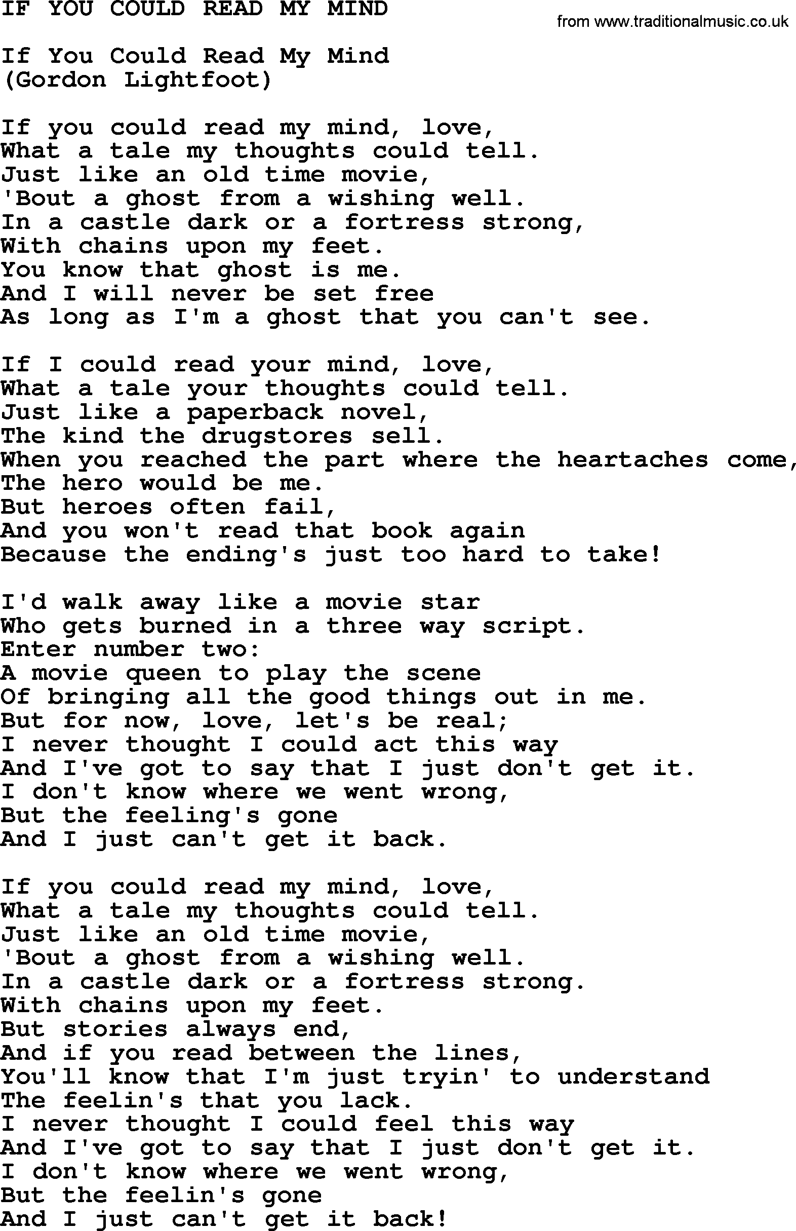 Johnny Cash song If You Could Read My Mind.txt lyrics