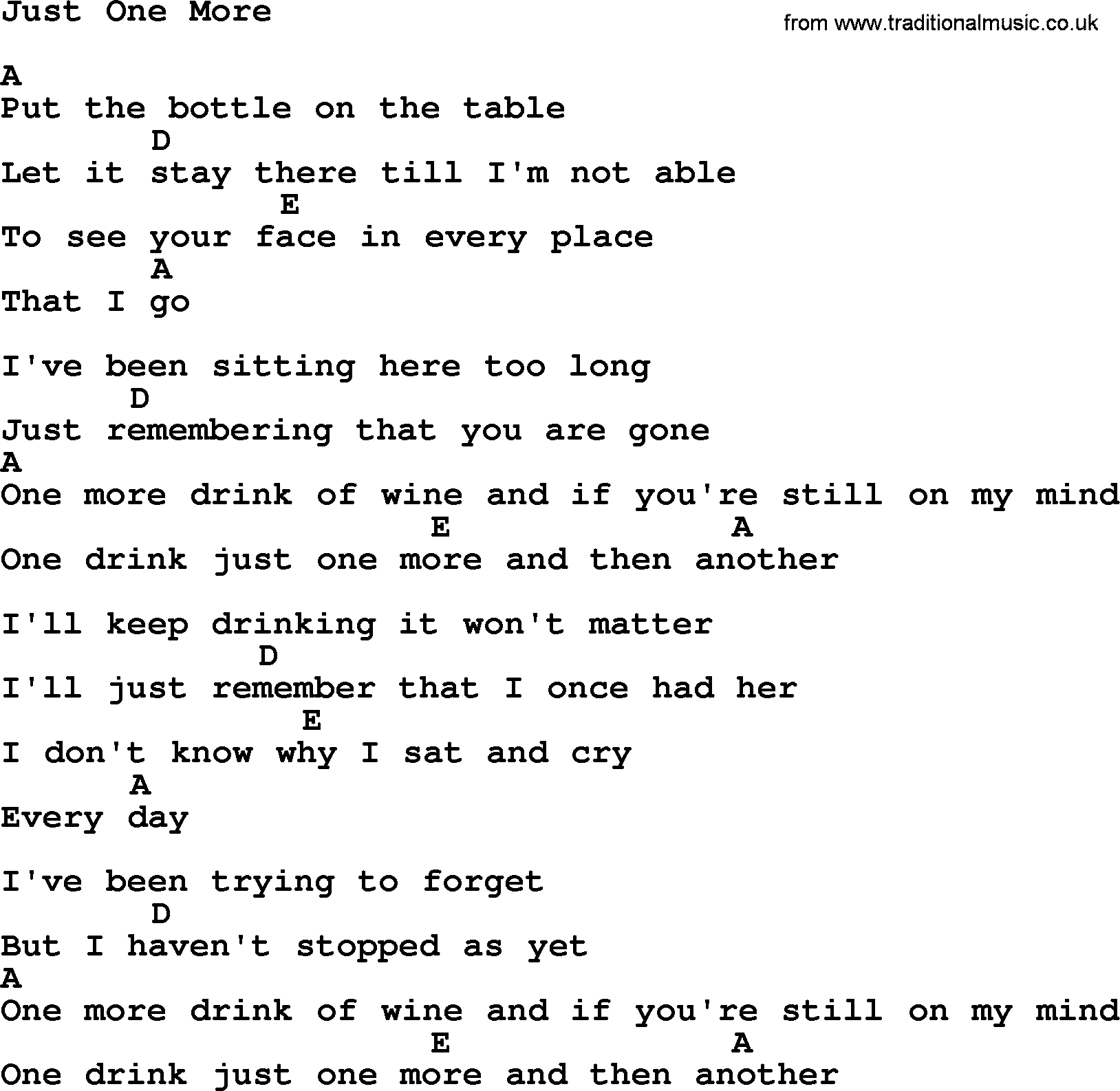 Johnny Cash song Just One More, lyrics and chords